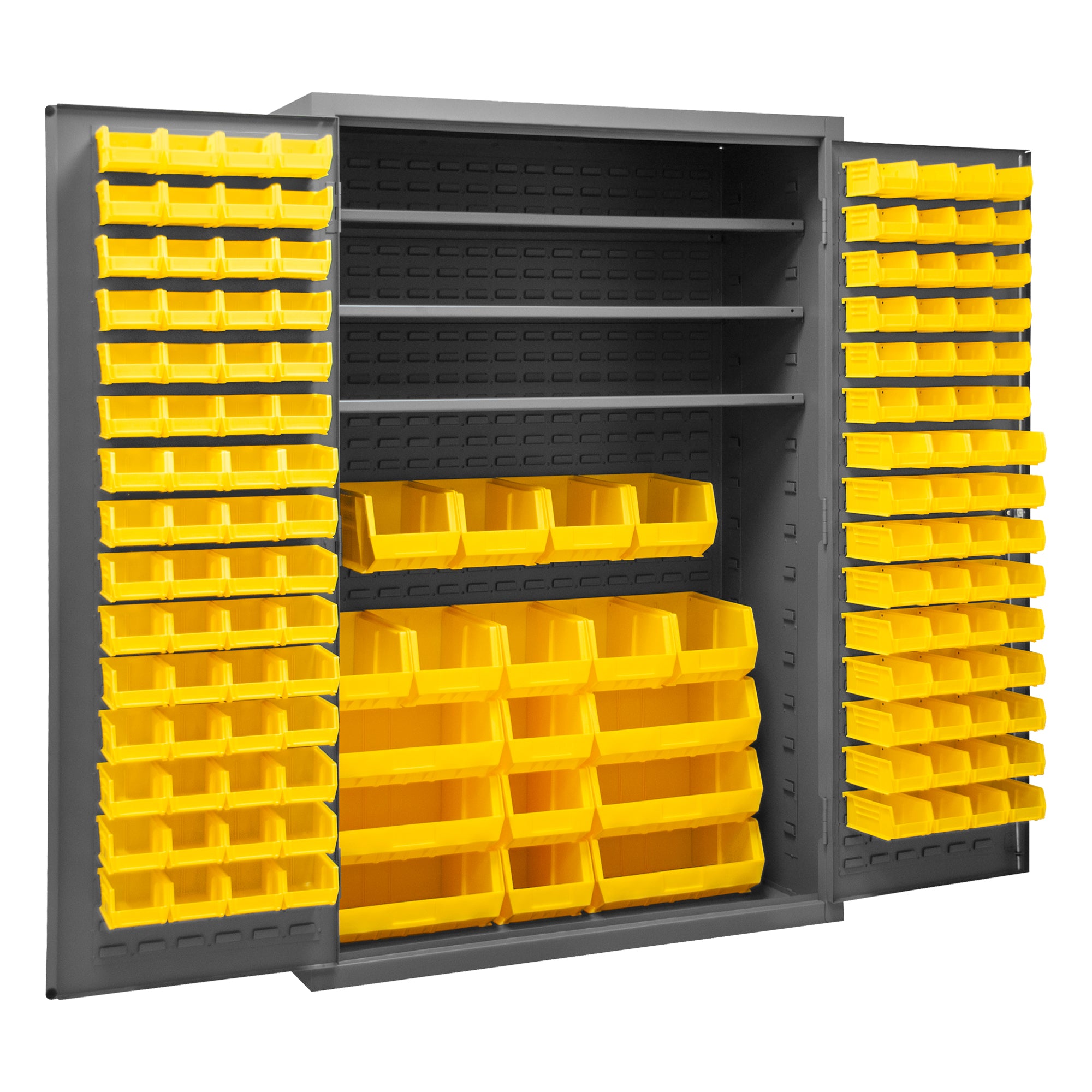 Metal Locking Storage Cabinet with 138 Yellow Hook-On-Bins and 3 Shelves