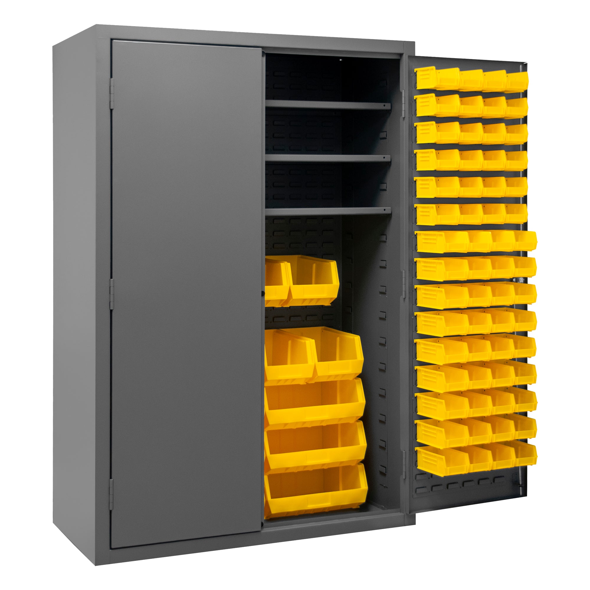 Metal Locking Storage Cabinet with 138 Yellow Hook-On-Bins and 3 Shelves
