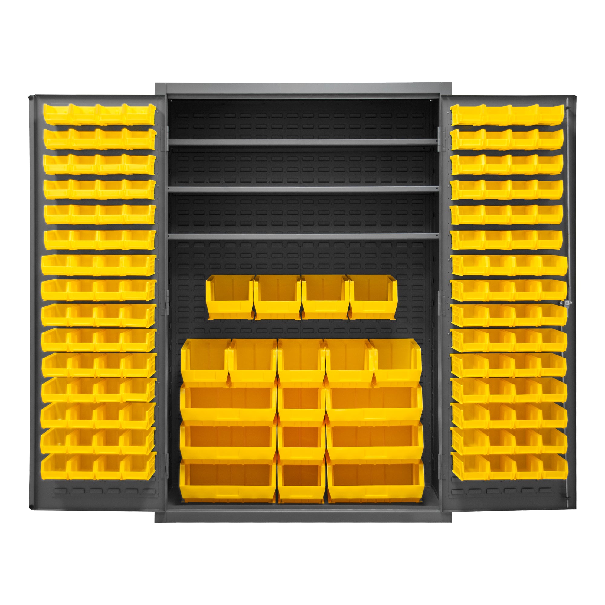 Metal Locking Storage Cabinet with 138 Yellow Hook-On-Bins and 3 Shelves