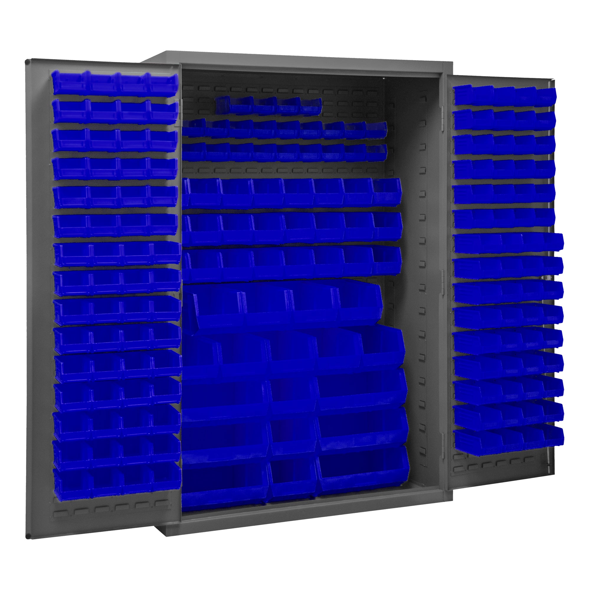 Metal Locking Storage Cabinet with 186 Blue Hook-On-Bins