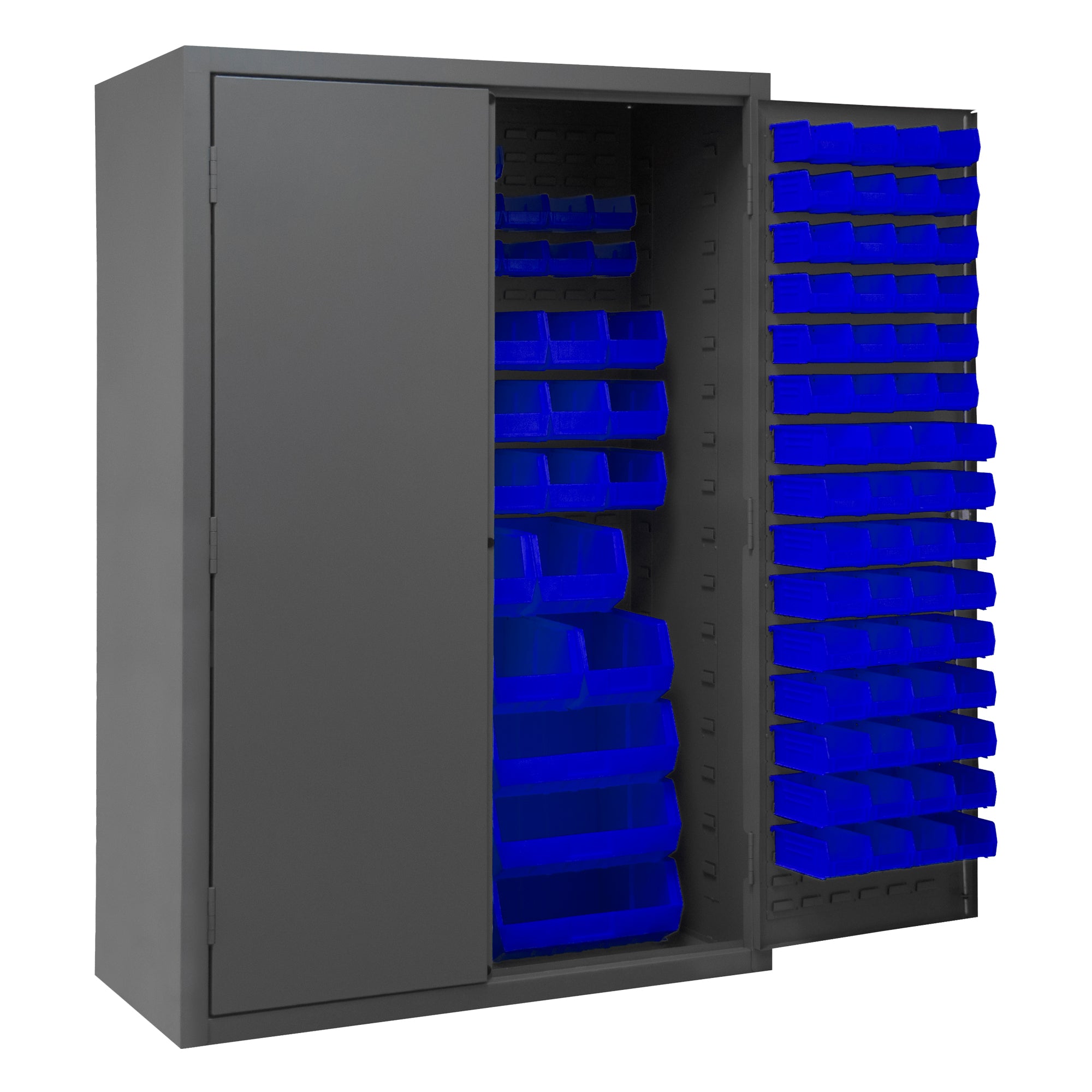 Metal Locking Storage Cabinet with 186 Blue Hook-On-Bins
