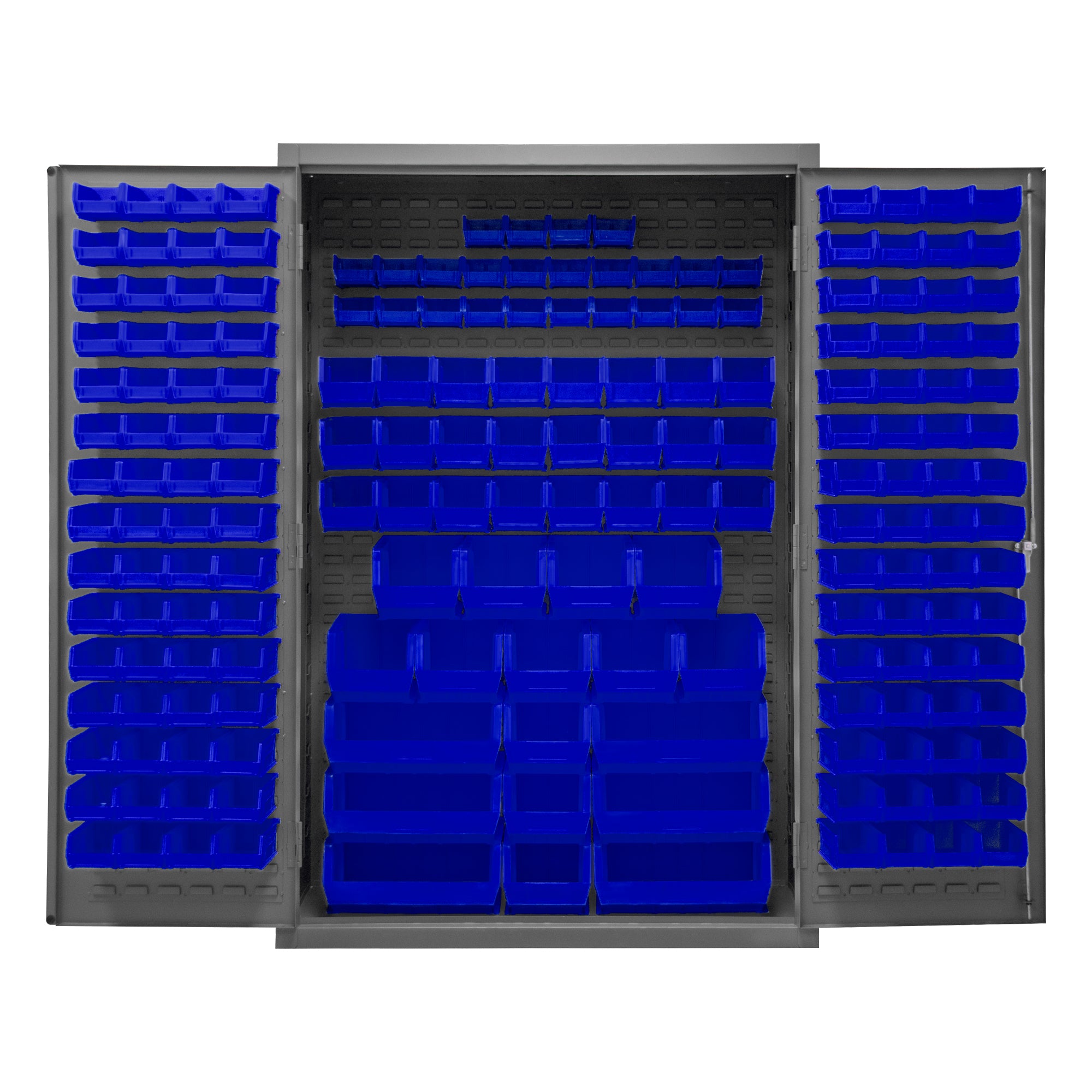 Metal Locking Storage Cabinet with 186 Blue Hook-On-Bins