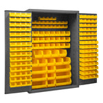 Metal Locking Storage Cabinet with 186 Yellow Hook-On-Bins