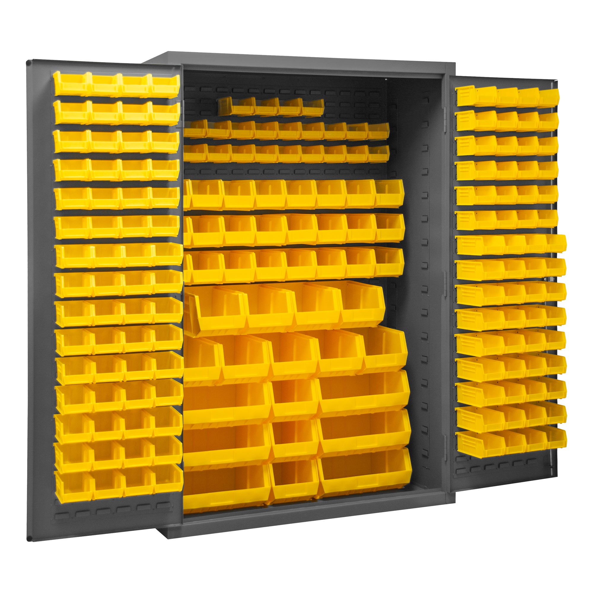 Metal Locking Storage Cabinet with 186 Yellow Hook-On-Bins