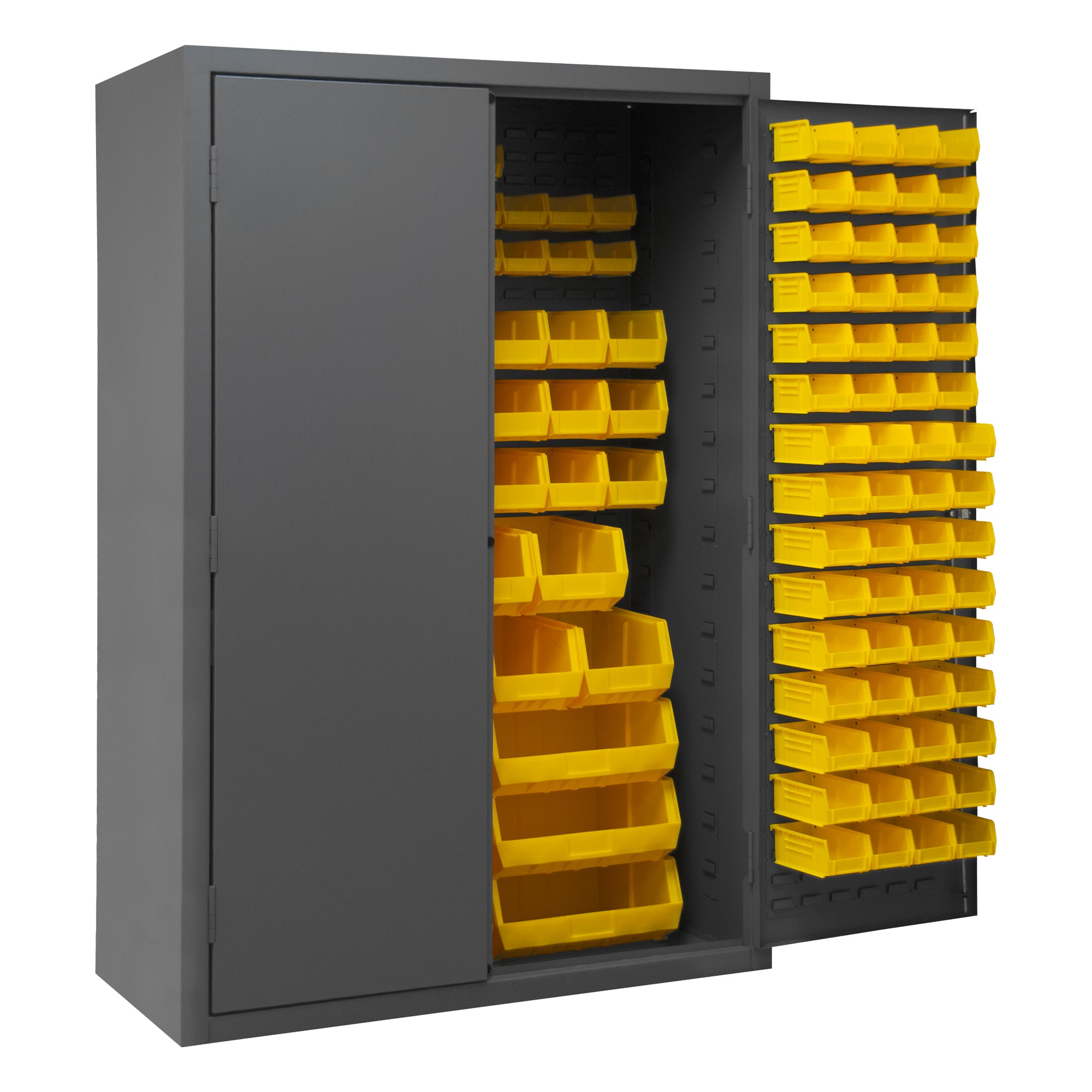 Metal Locking Storage Cabinet with 186 Yellow Hook-On-Bins