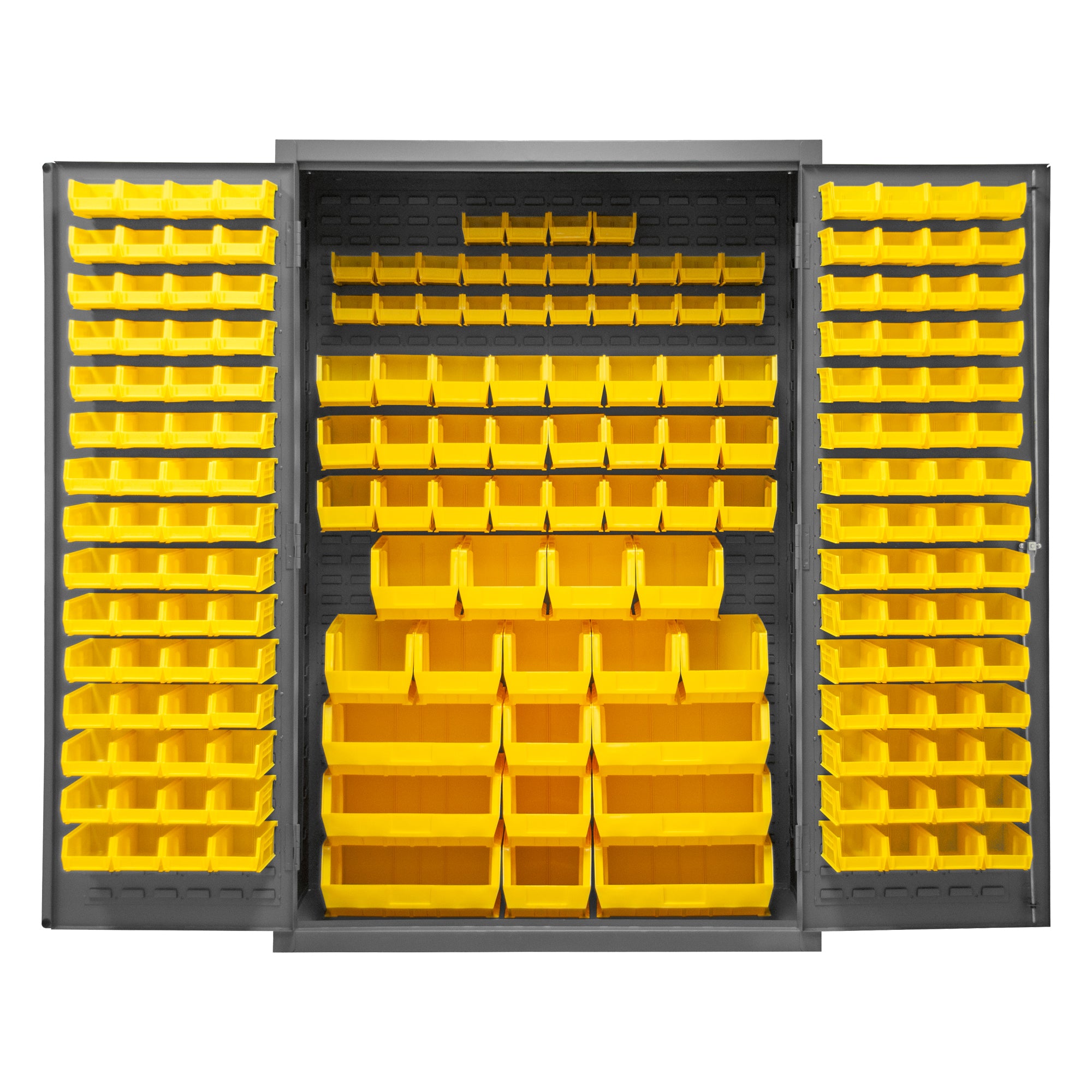 Metal Locking Storage Cabinet with 186 Yellow Hook-On-Bins