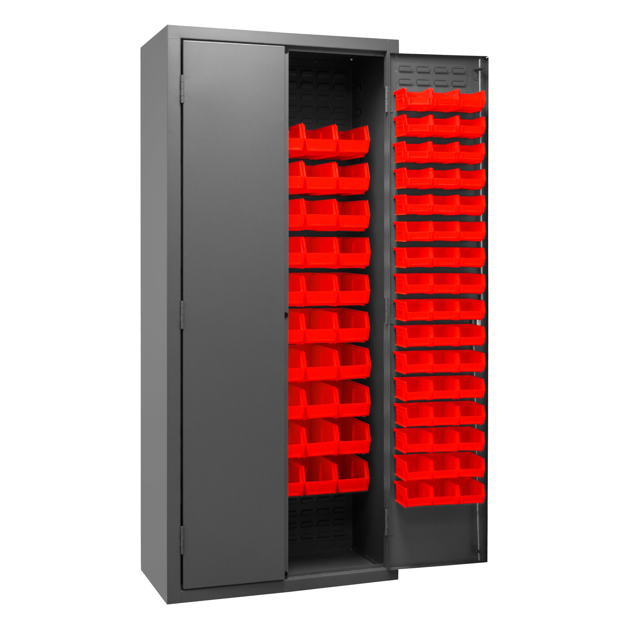 Metal Locking Storage Cabinet with 156 Red Hook-On-Bins