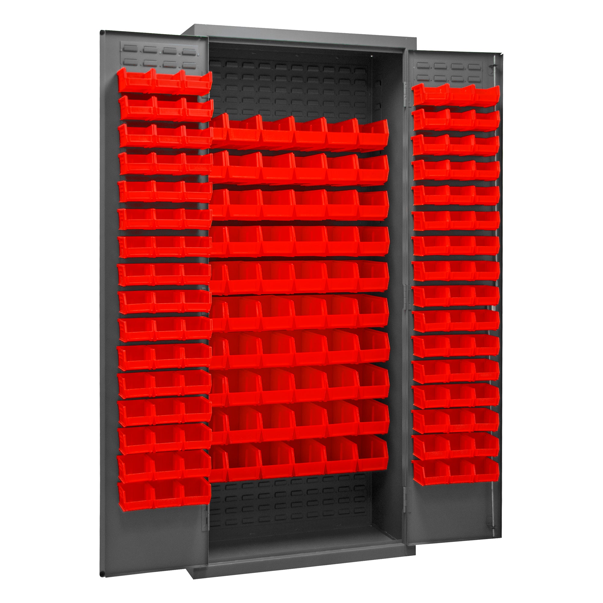 Metal Locking Storage Cabinet with 156 Red Hook-On-Bins