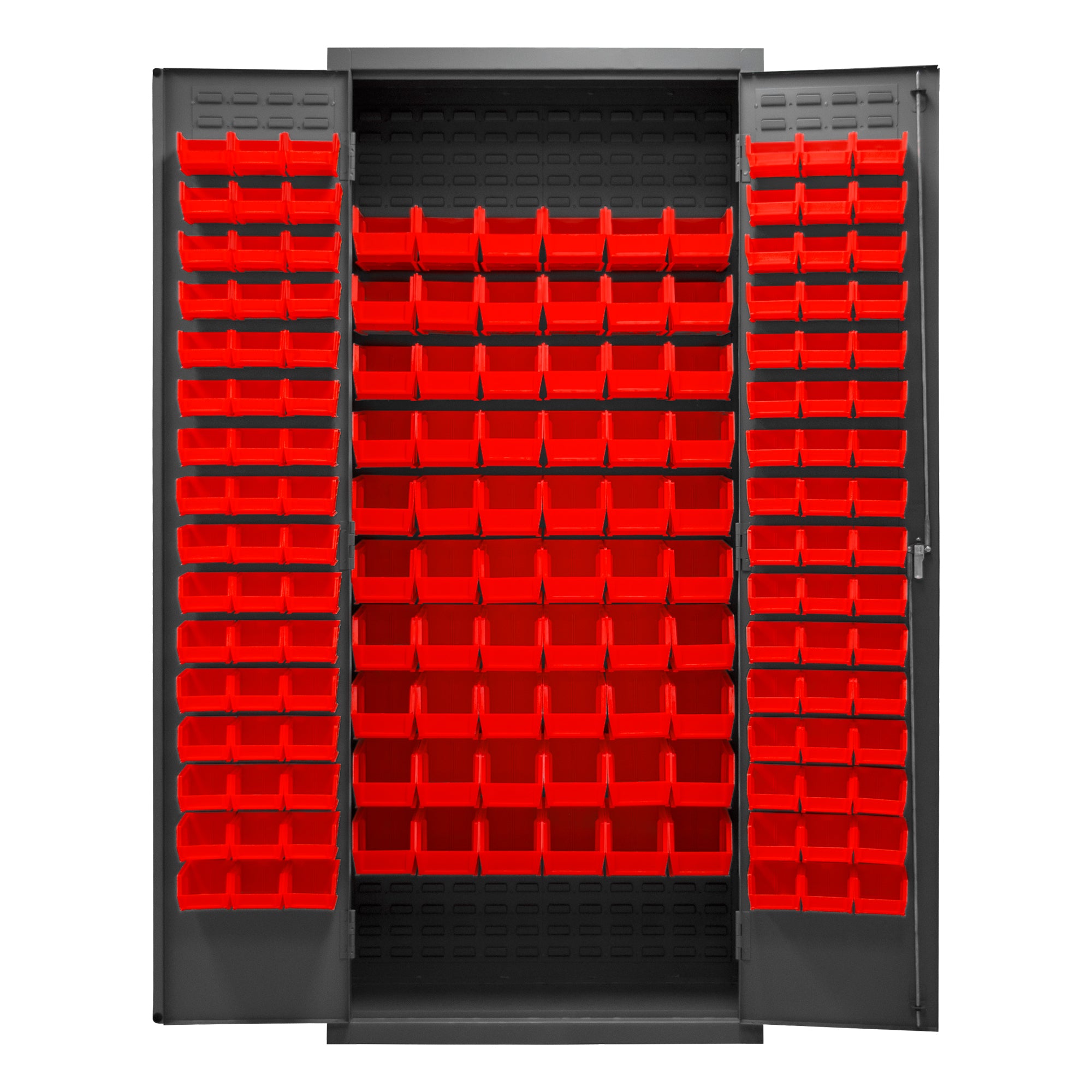 Metal Locking Storage Cabinet with 156 Red Hook-On-Bins