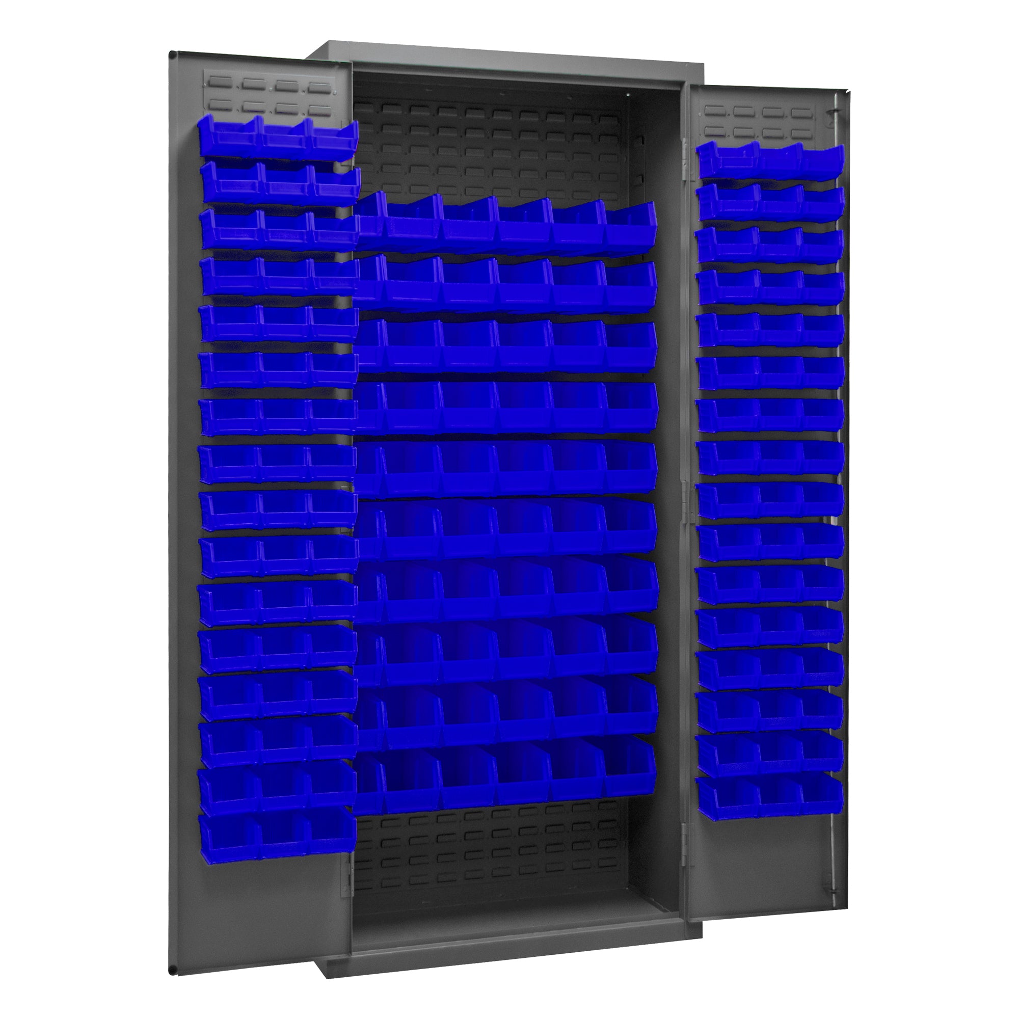 Metal Locking Storage Cabinet with 156 Blue Hook-On-Bins