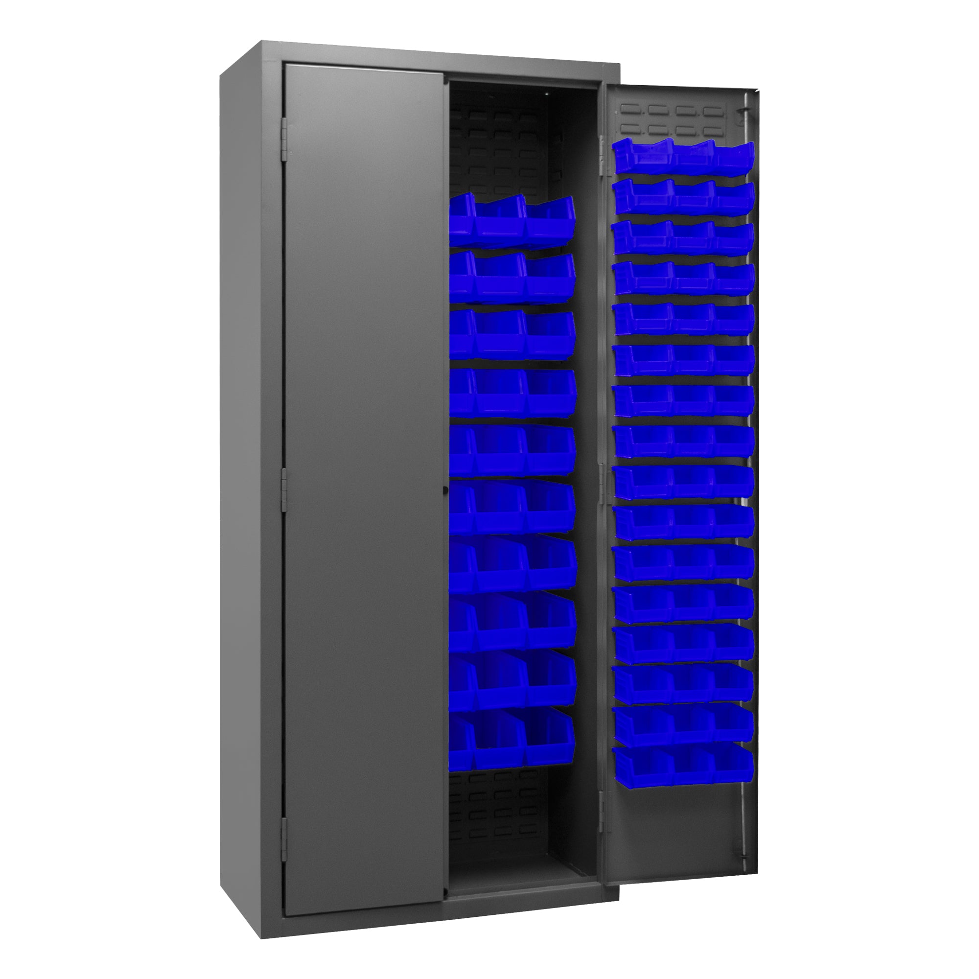 Metal Locking Storage Cabinet with 156 Blue Hook-On-Bins
