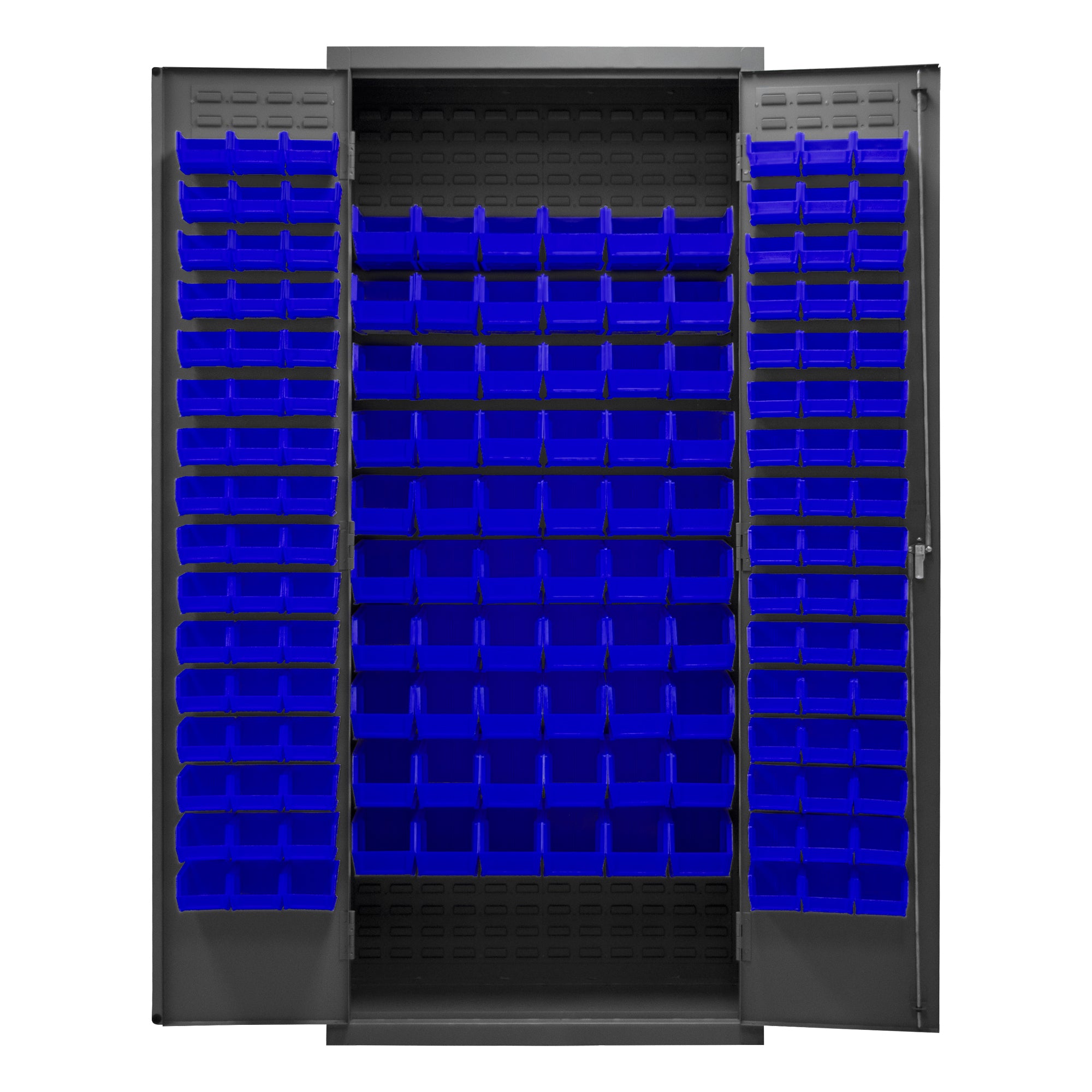 Metal Locking Storage Cabinet with 156 Blue Hook-On-Bins