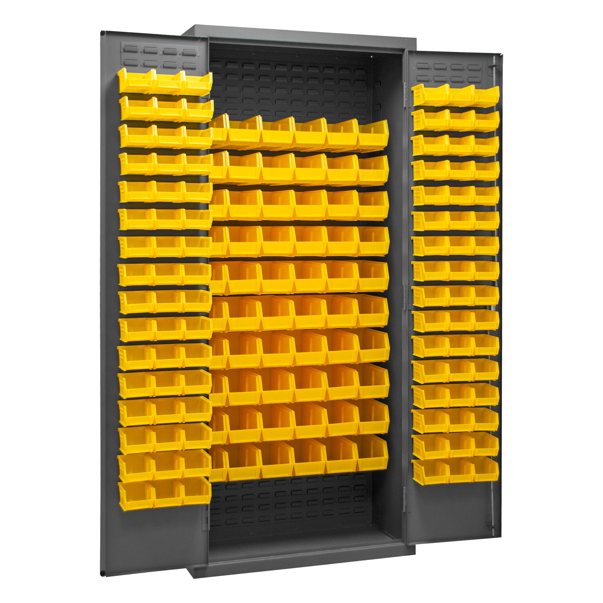 Metal Locking Storage Cabinet with 156 Yellow Hook-On-Bins
