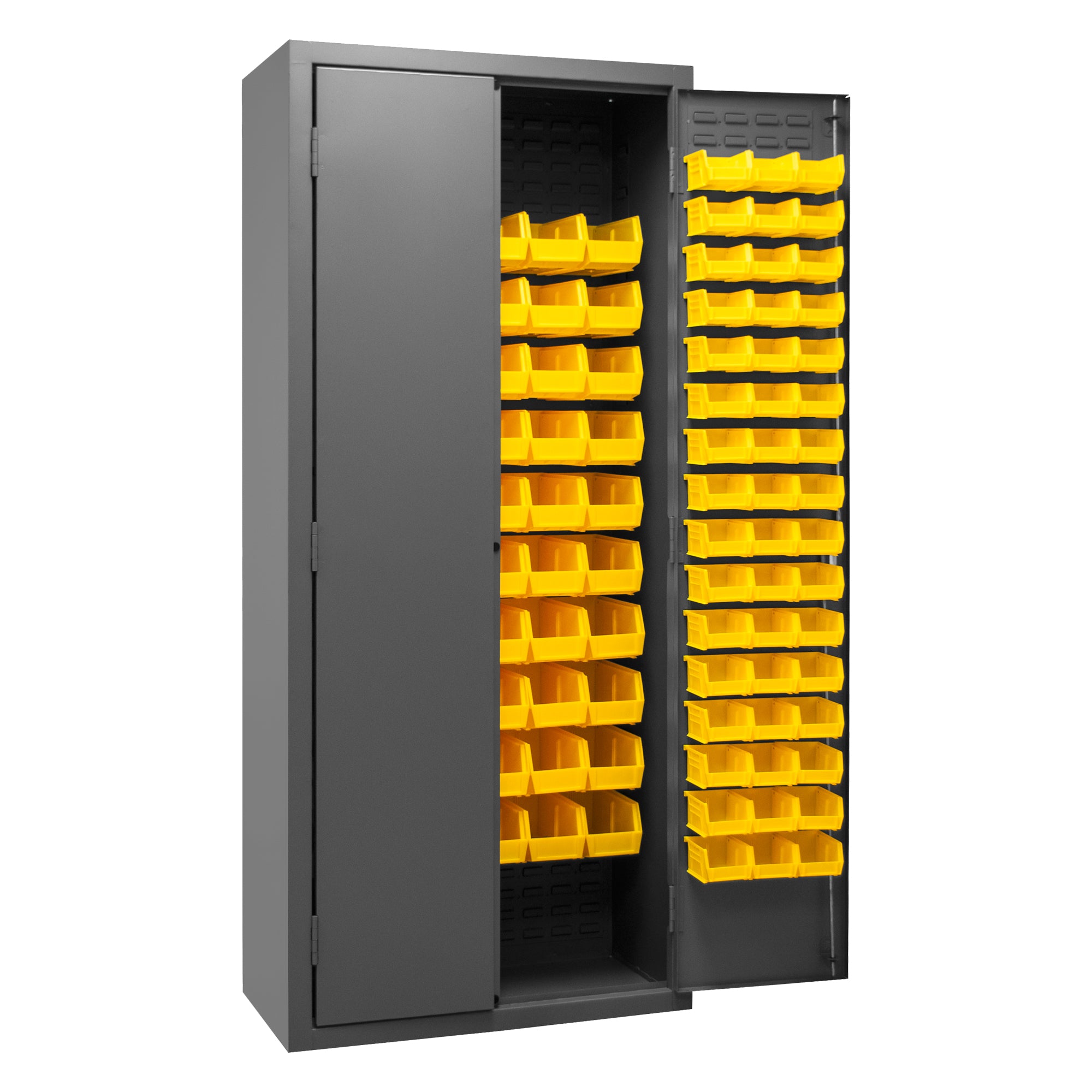 Metal Locking Storage Cabinet with 156 Yellow Hook-On-Bins