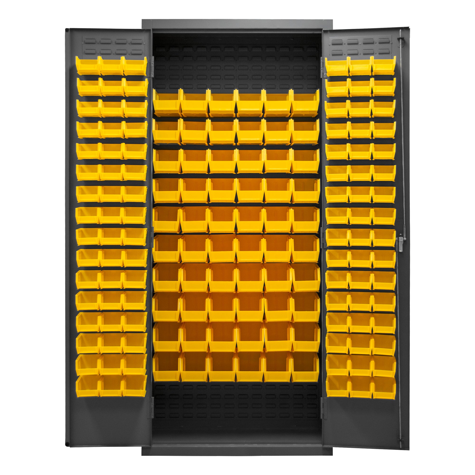 Metal Locking Storage Cabinet with 156 Yellow Hook-On-Bins