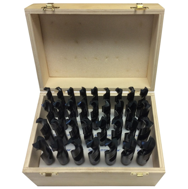 33 Piece HSS Black Oxide Reduced Shank HSS Drill Bit Set, 1/2" - 1", Wood Case