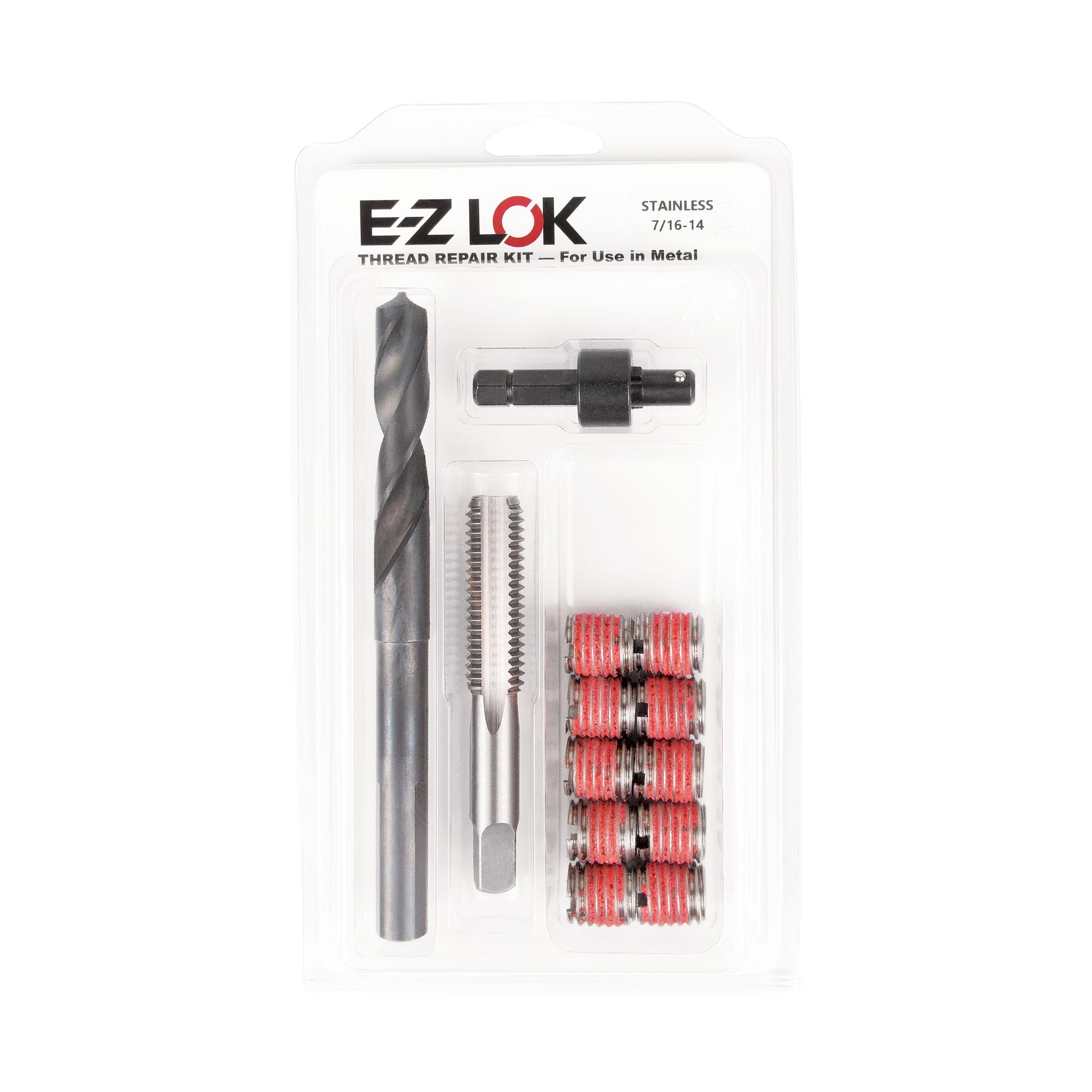 7/16"-14 x 5/8"-11 Stainless Steel Solid Wall Threaded Insert W/Red Loctite Standard Repair Kit with Inserts, Drill Bit, Tap, and Install Tool