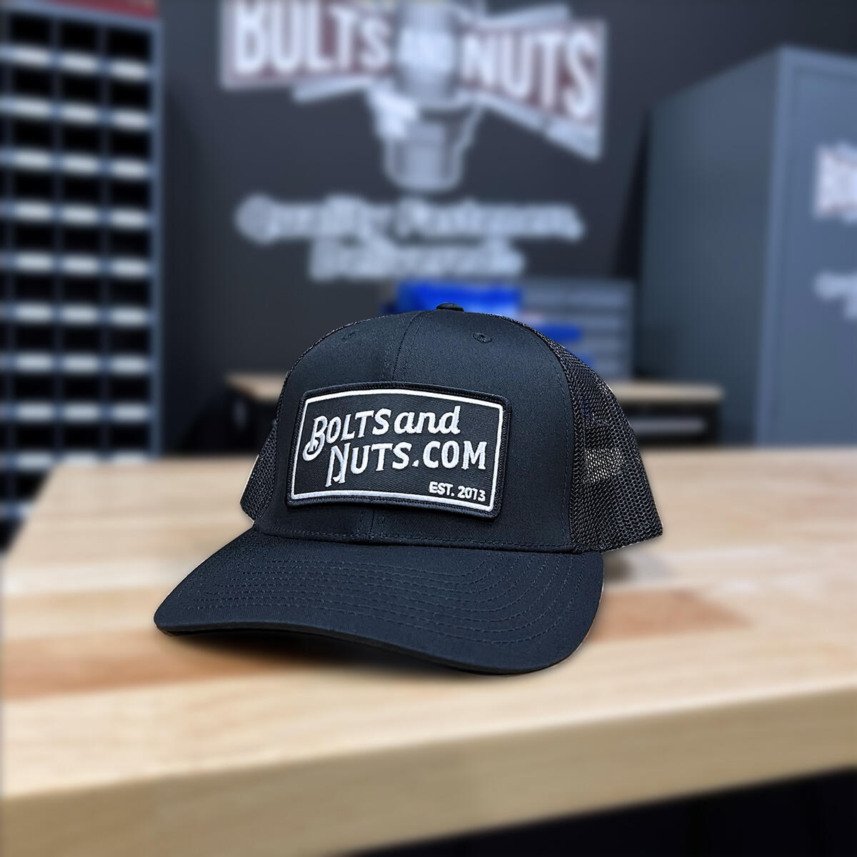 Black BoltsandNuts.com Adjustable Black Patch Logo Hat