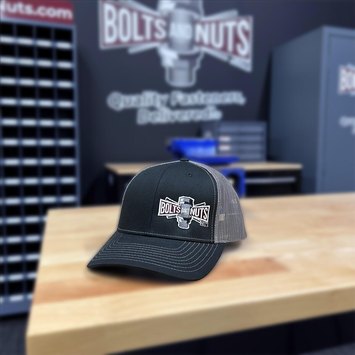 Black & Gray BoltsandNuts.com Adjustable Embroidered Logo Hat