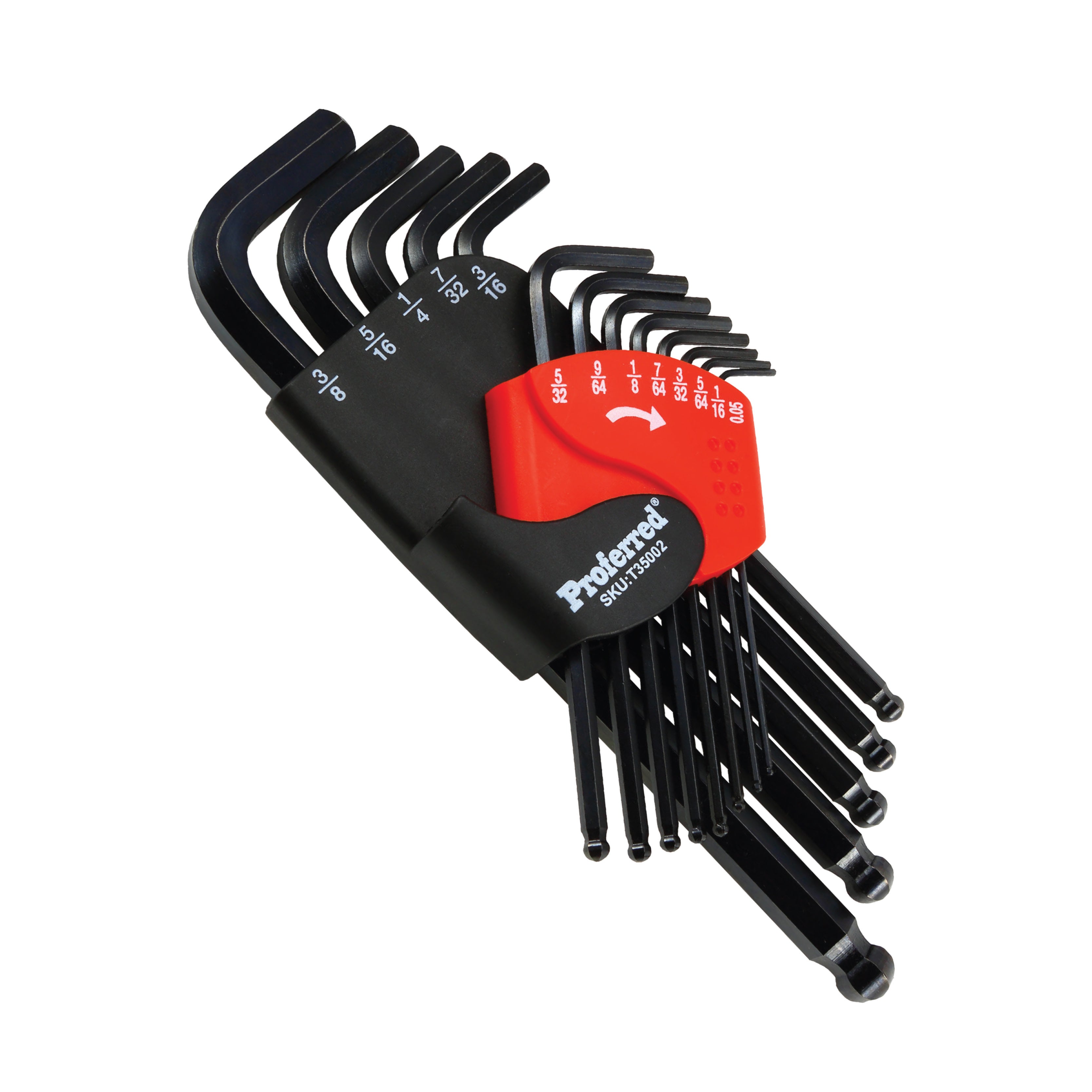 13 Piece Inch Proferred Long Arm Ball Point Hex Key Set, Black Finish