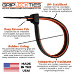 GripLockTies, Releasable 8" Black Nylon, Rubber Box of 48