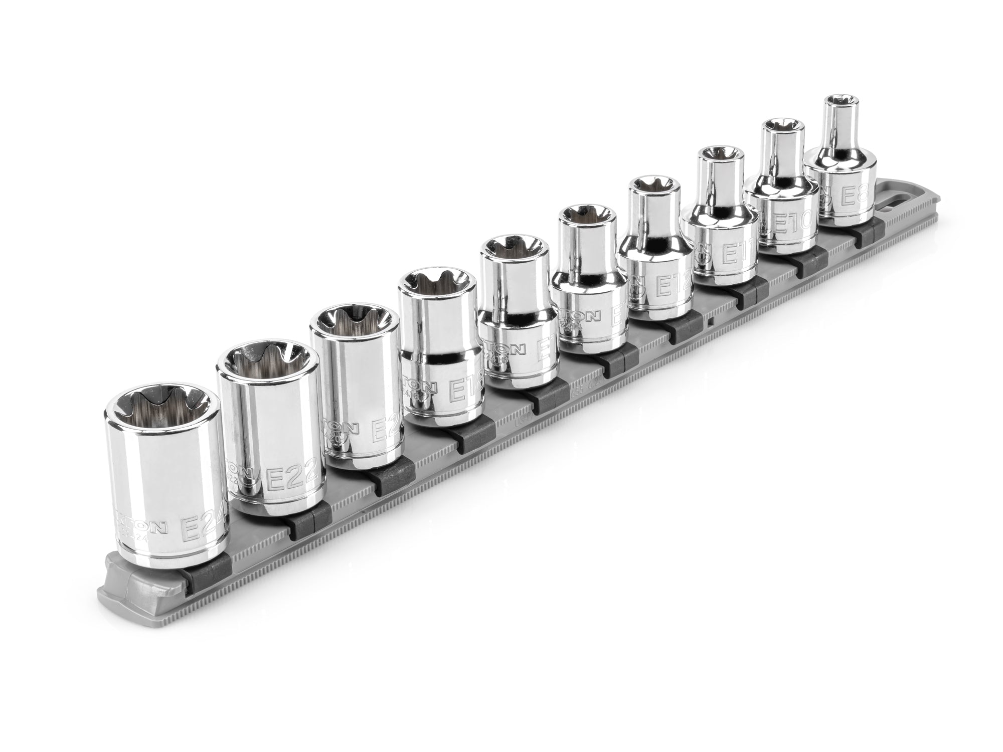 1/2 Inch Drive Shallow External Star Socket Set with Rail, 10-Piece (E8 - E24)