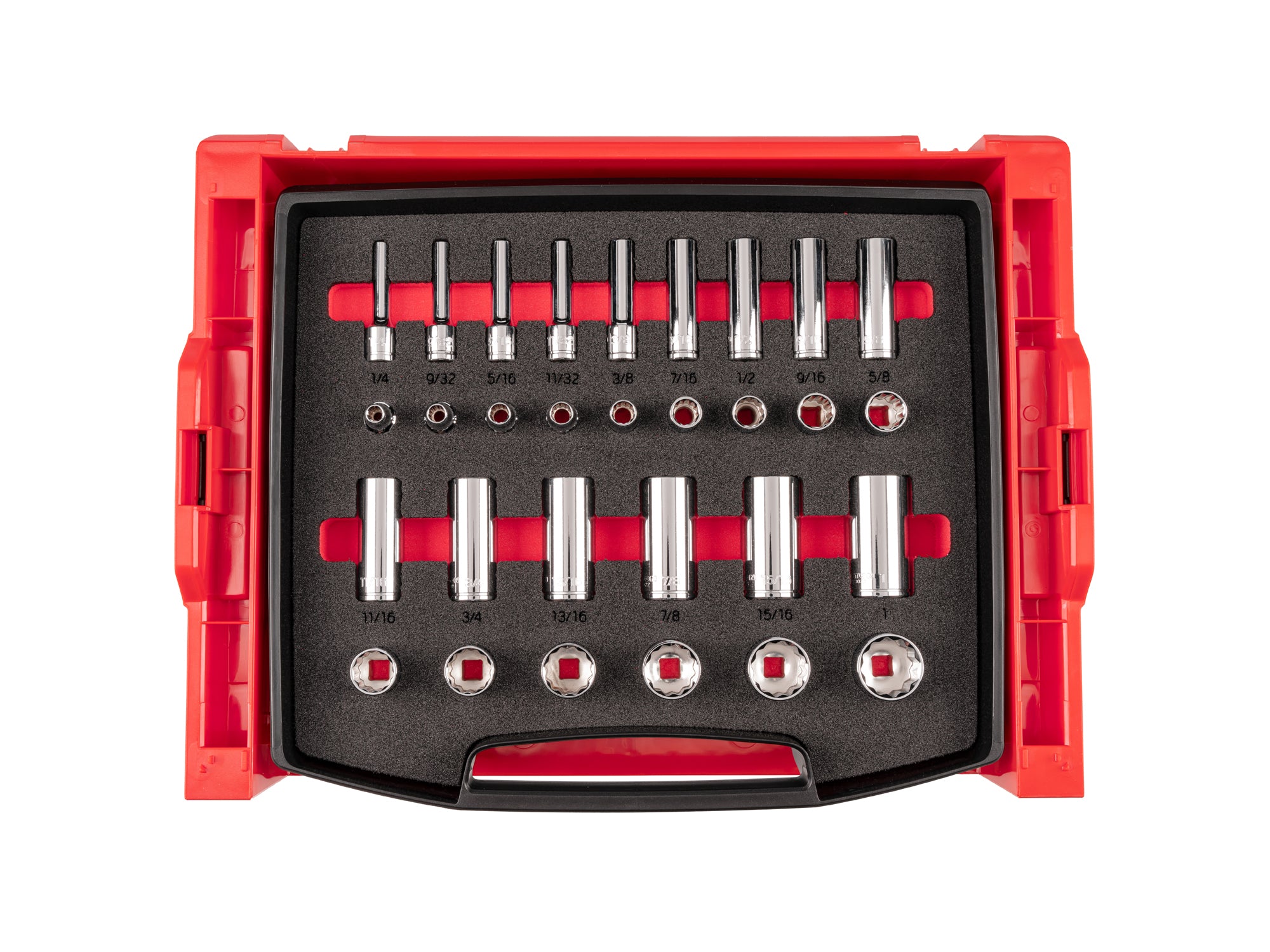 3/8 Inch Drive Shallow and Deep 12-Point Socket Set with Open Top Drawer and Rack, 30-Piece (1/4 - 1 in.)