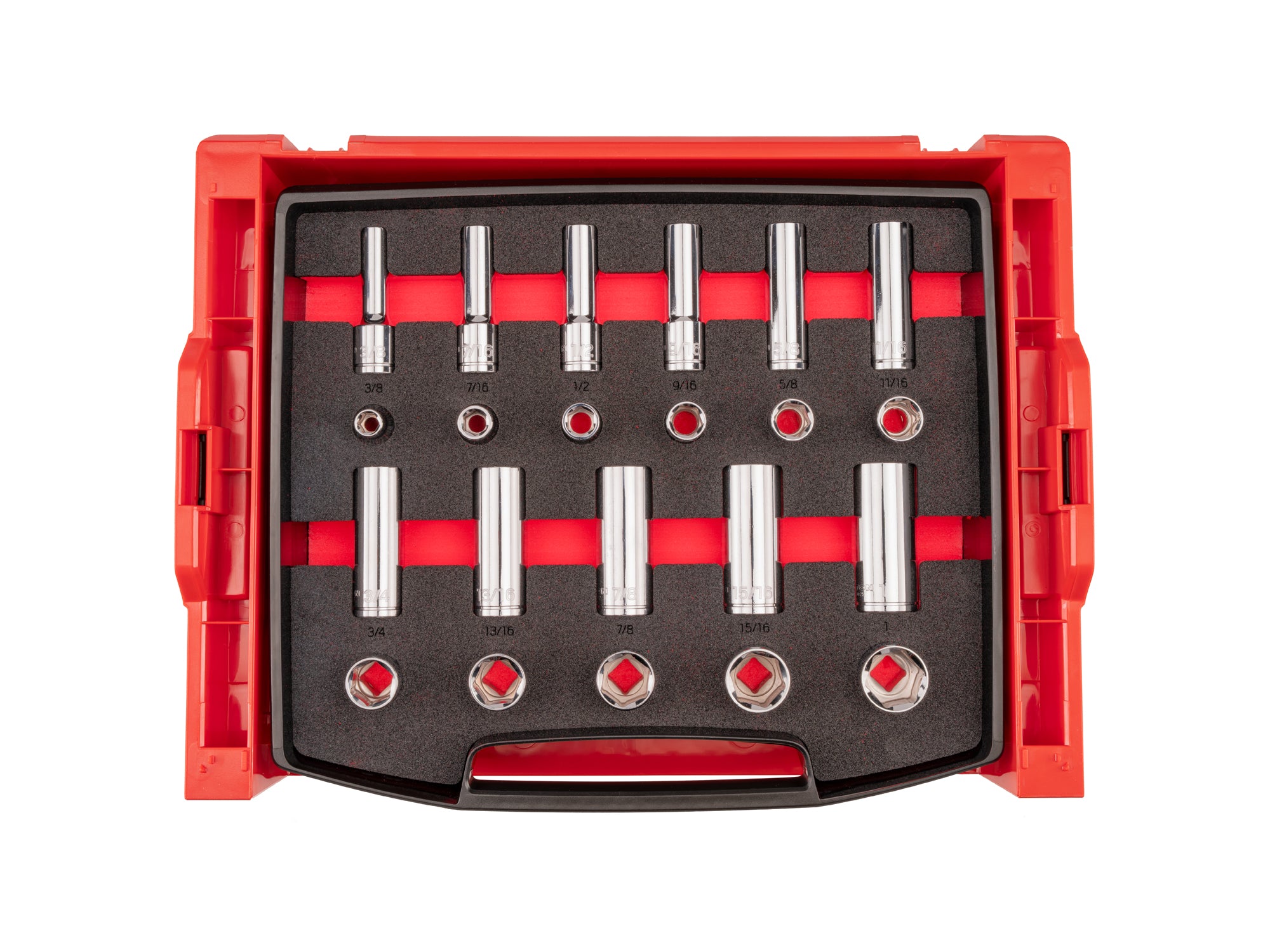 1/2 Inch Drive Shallow and Deep 6-Point Socket Set with Open Top Drawer and Rack, 22-Piece (3/8 - 1 in.)