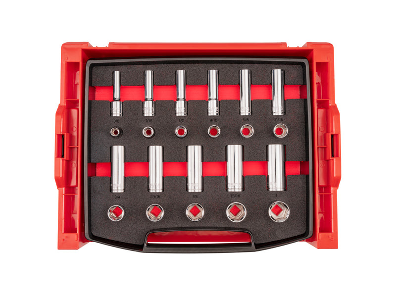 1/2 Inch Drive Shallow and Deep 6-Point Socket Set with Open Top Drawer and Rack, 22-Piece (3/8 - 1 in.)