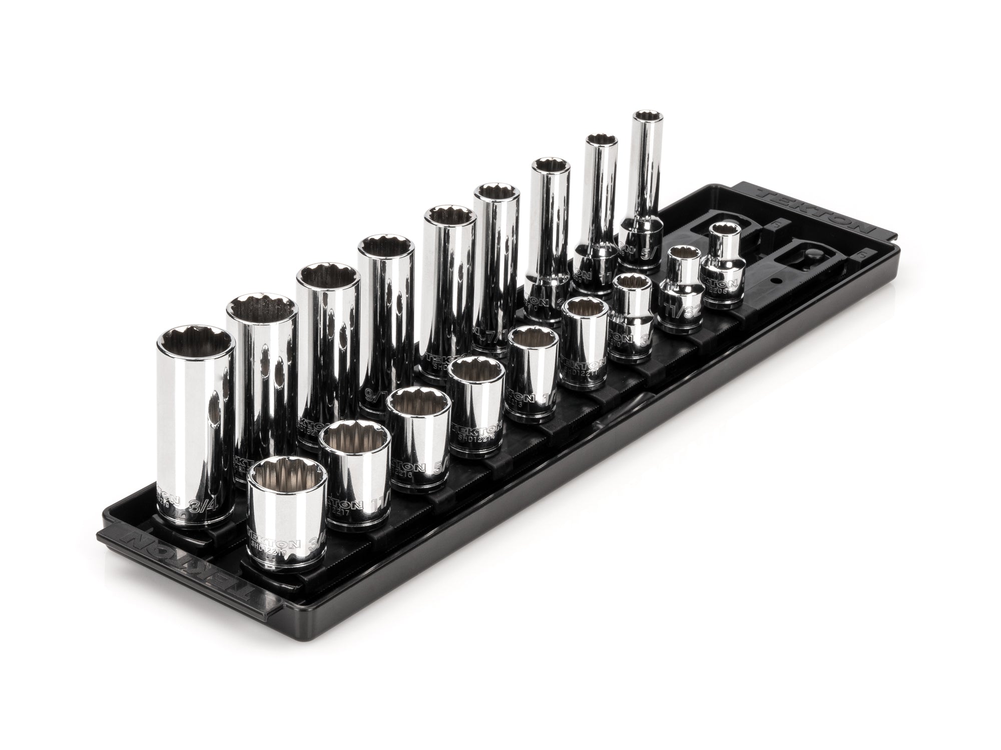 3/8 Inch Drive Shallow and Deep 12-Point Socket Set with Rails and Tray, 18-Piece (5/16 - 3/4 in.)