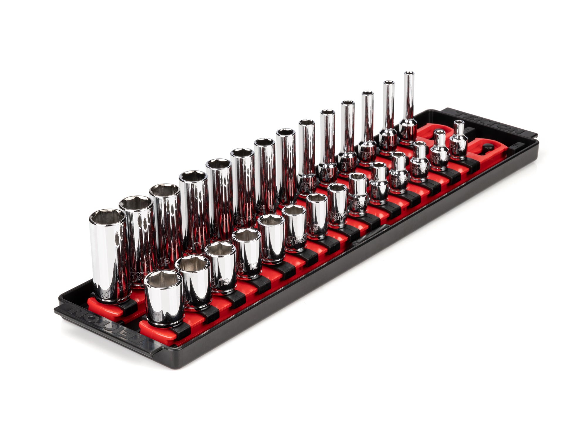 1/4 Inch Drive Shallow and Deep 6-Point Socket Set with Rails and Tray, 28-Piece (4 - 15 mm)