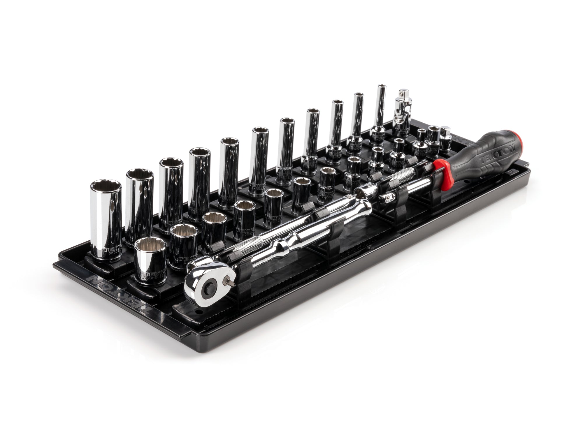 1/4 Inch Drive Shallow and Deep 12-Point Socket and Ratchet Set with Rails and Tray, 29-Piece (5/32 - 9/16 in.)