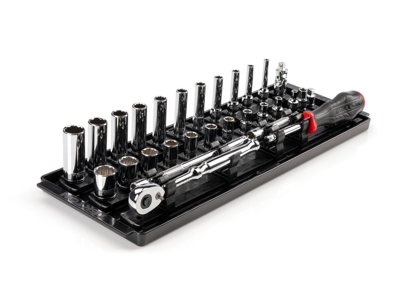 1/4 Inch Drive Shallow and Deep 12-Point Socket and Ratchet Set with Rails and Tray, 29-Piece (5/32 - 9/16 in.)