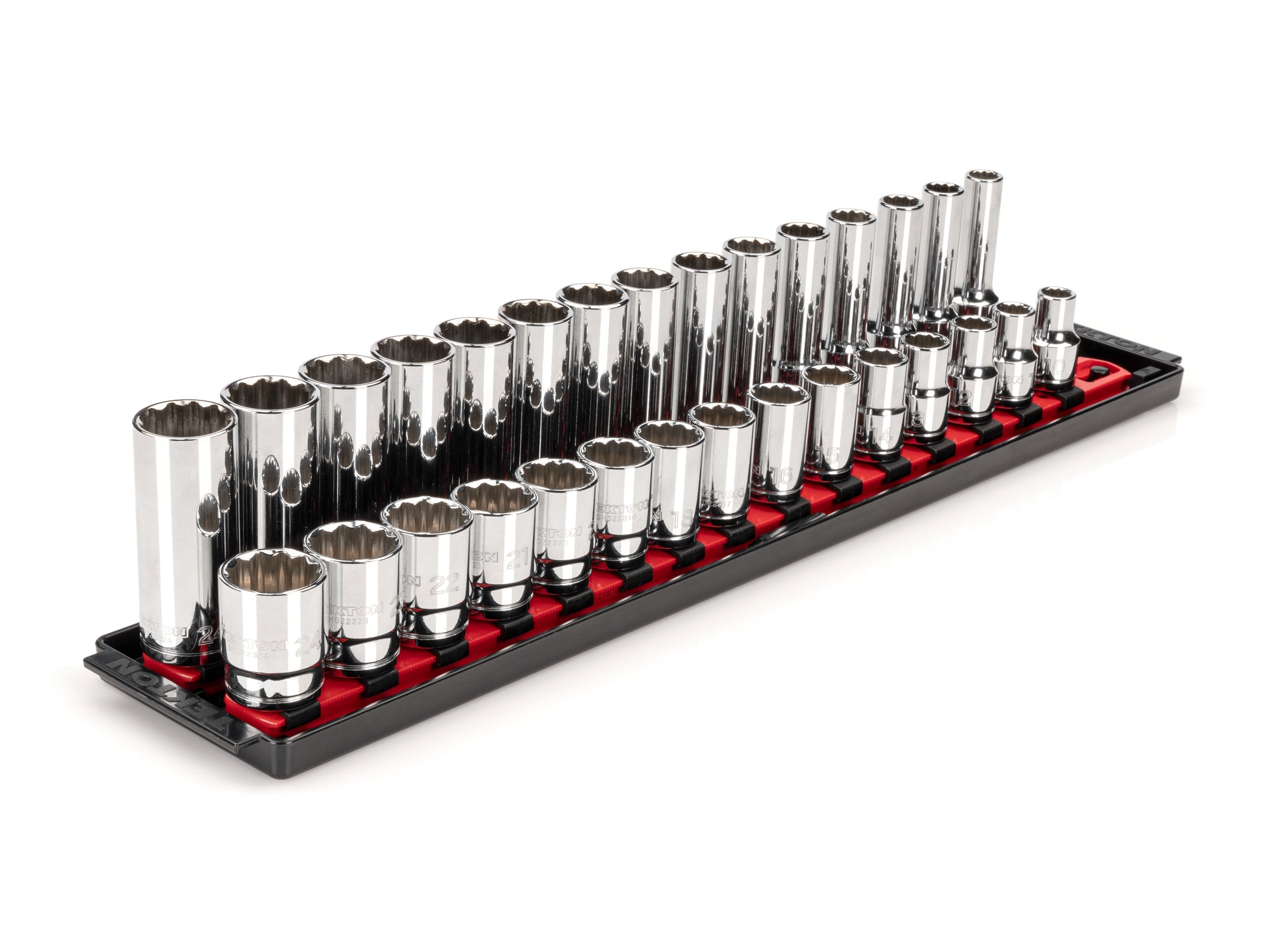 1/2 Inch Drive Shallow and Deep 12-Point Socket Set with Rails and Tray, 30-Piece (10 - 24 mm)