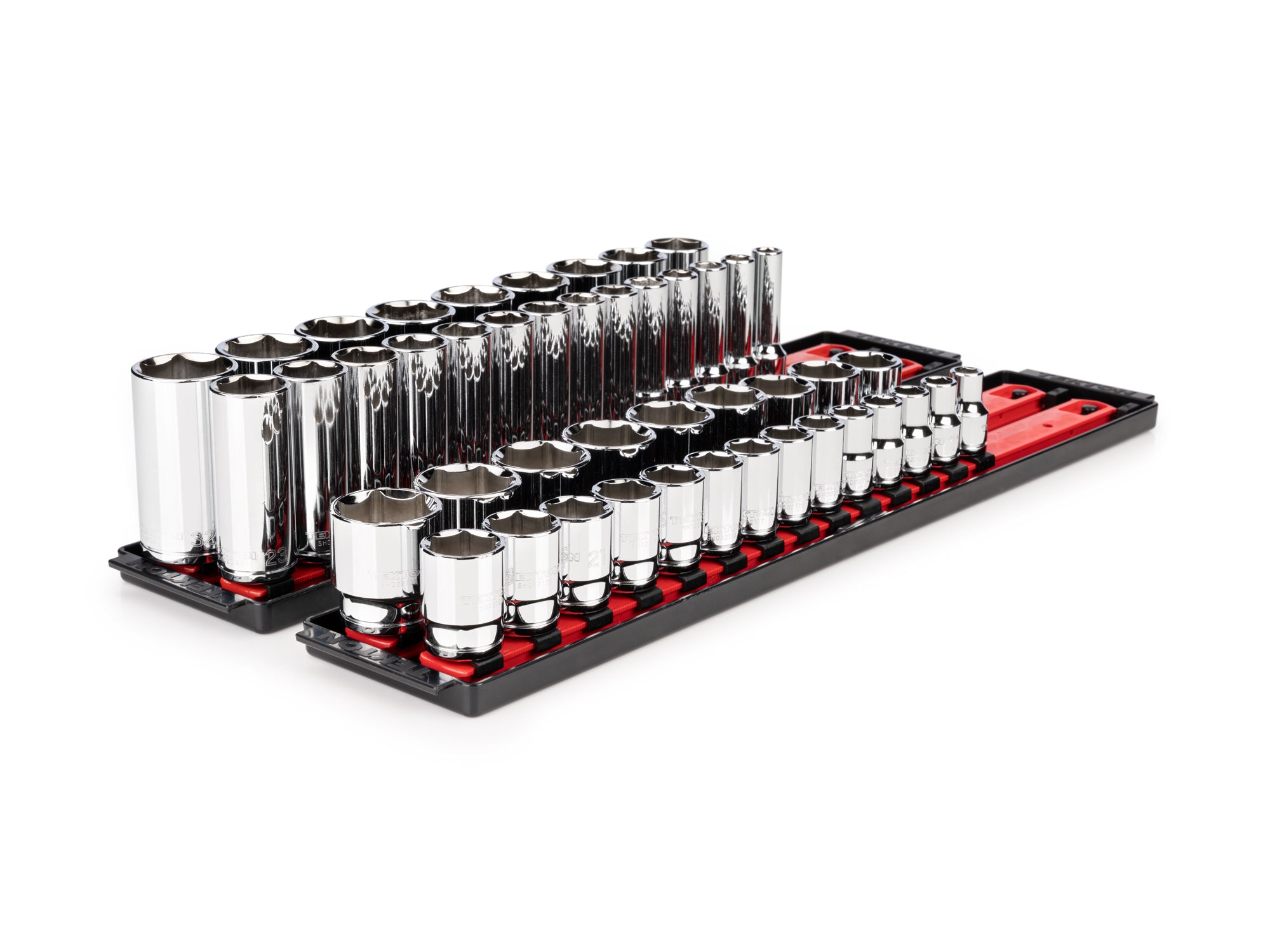 1/2 Inch Drive Shallow and Deep 6-Point Socket Set with Rails and Tray, 46-Piece (10 - 32 mm)