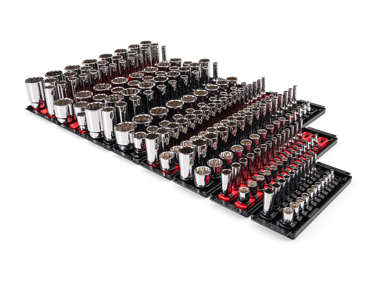 Shallow Socket Box 1/4, 3/8, 1/2 Inch Drive Shallow and Deep 12-Point Socket Set with ...