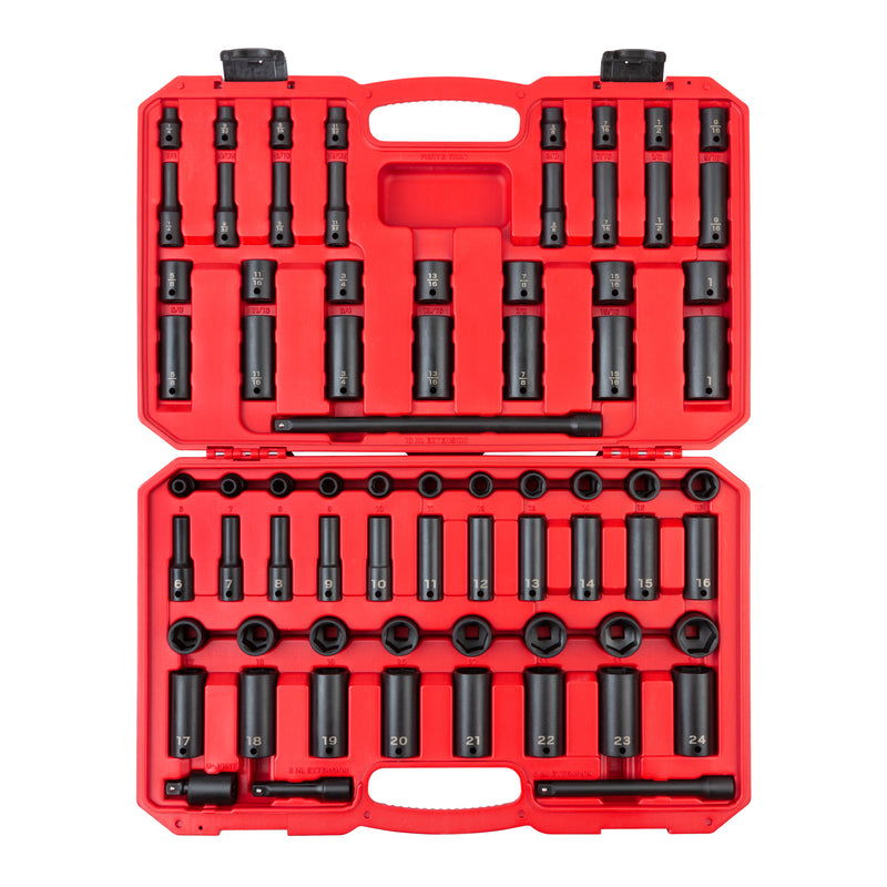 3/8 Inch Drive Shallow and Deep 6-Point Impact Socket Set with Case, 72-Piece (1/4 - 1 in., 6 - 24 mm)