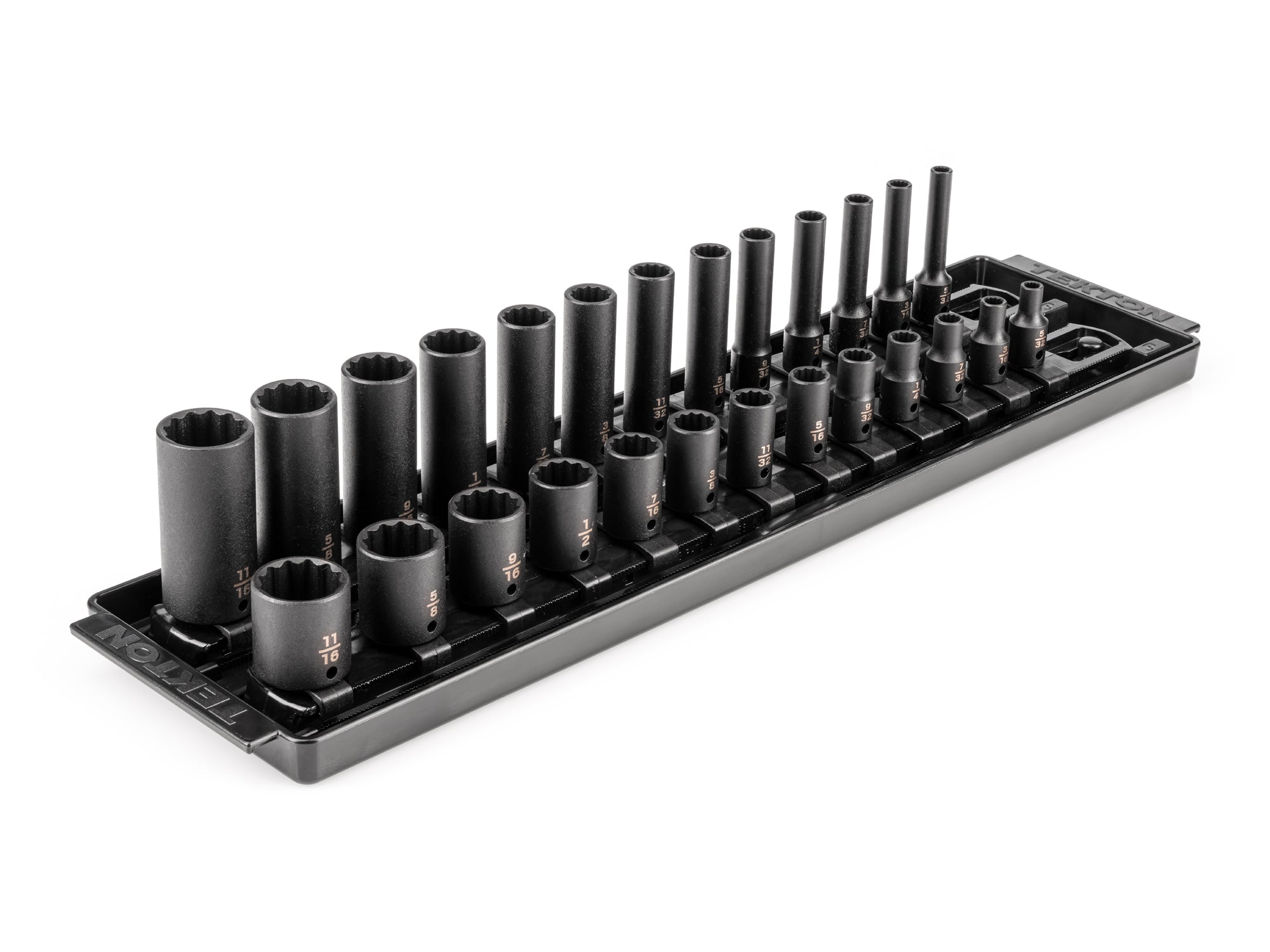 1/4 Inch Drive Shallow and Deep 12-Point Impact Socket Set with Rails and Tray, 26-Piece (5/32 - 11/16 in.)