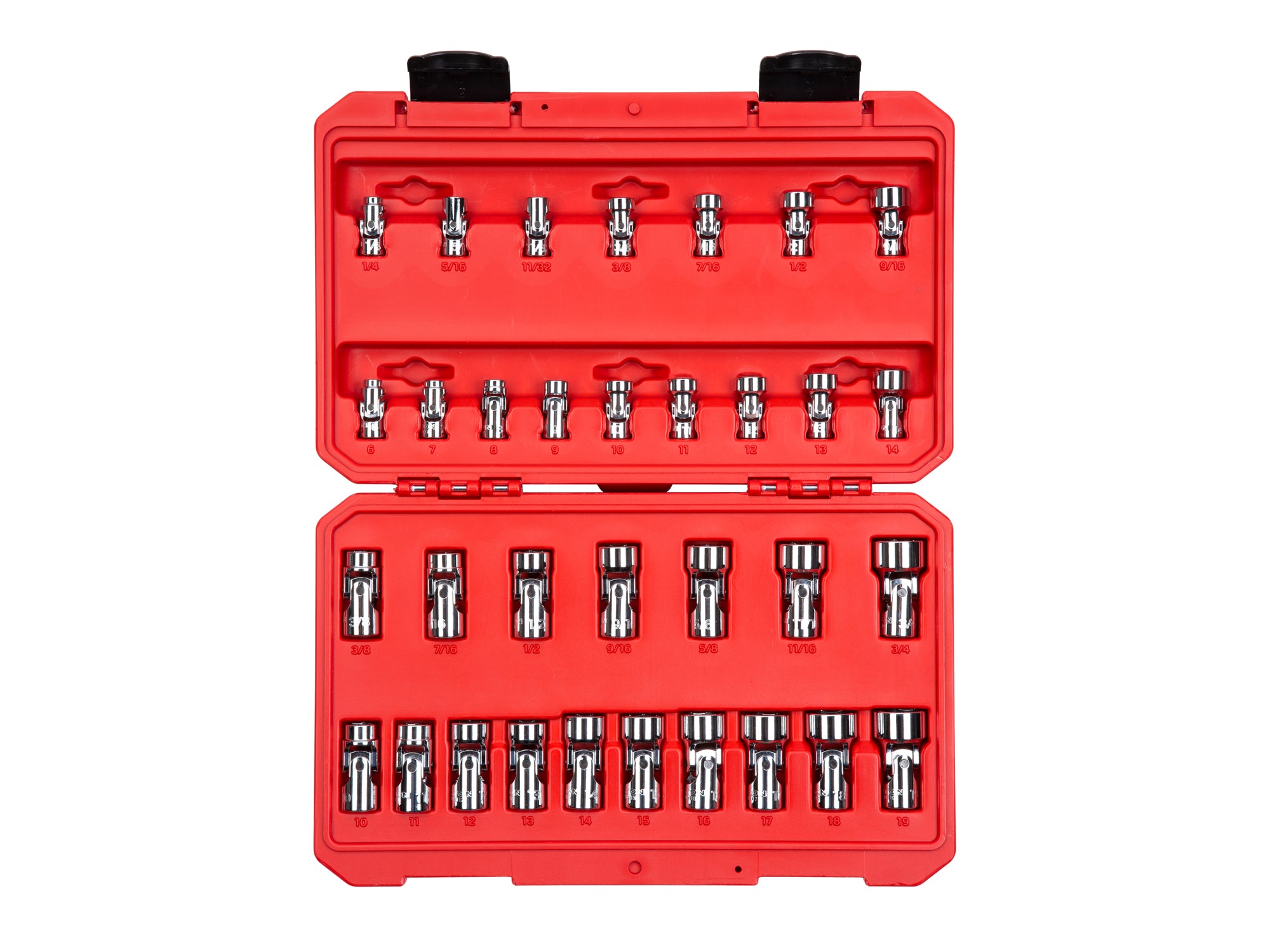 1/4, 3/8 Inch Drive Shallow 6-Point Universal Joint Socket Set with Case, 33-Piece (1/4 - 3/4 in., 6 - 19 mm)