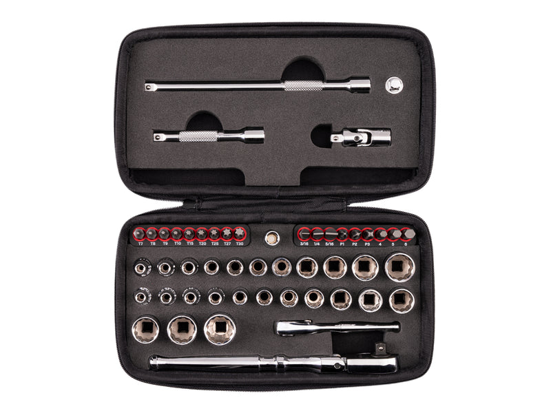 1/4 Inch Drive 12-Point Small Engine Shallow Socket, Bit and Flex Head Quick-Release Ratchet Set with Case (50-Piece)