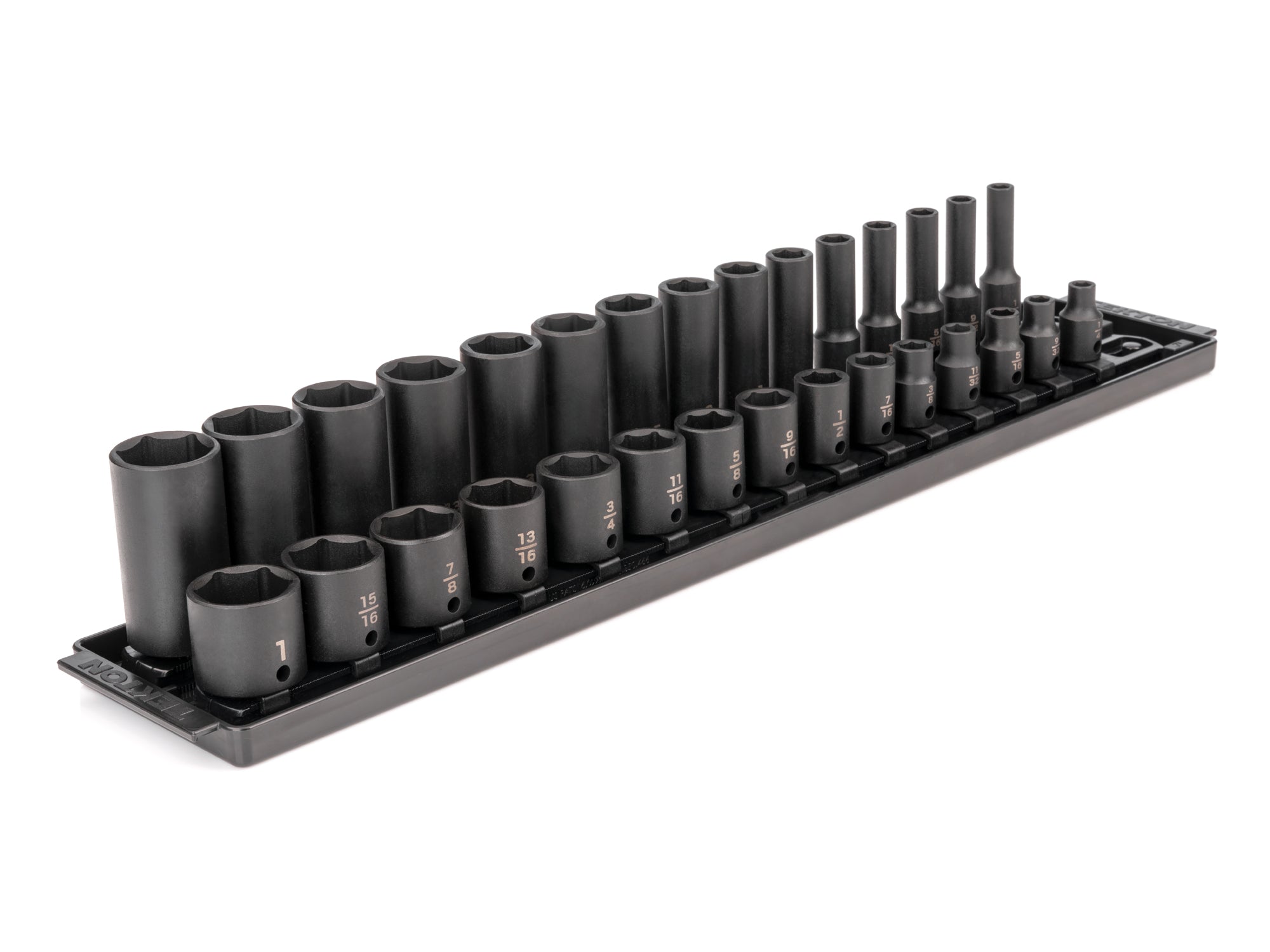 3/8 Inch Drive Shallow and Deep 6-Point Impact Socket Set with Rails and Tray, 30-Piece (1/4 - 1 in.)
