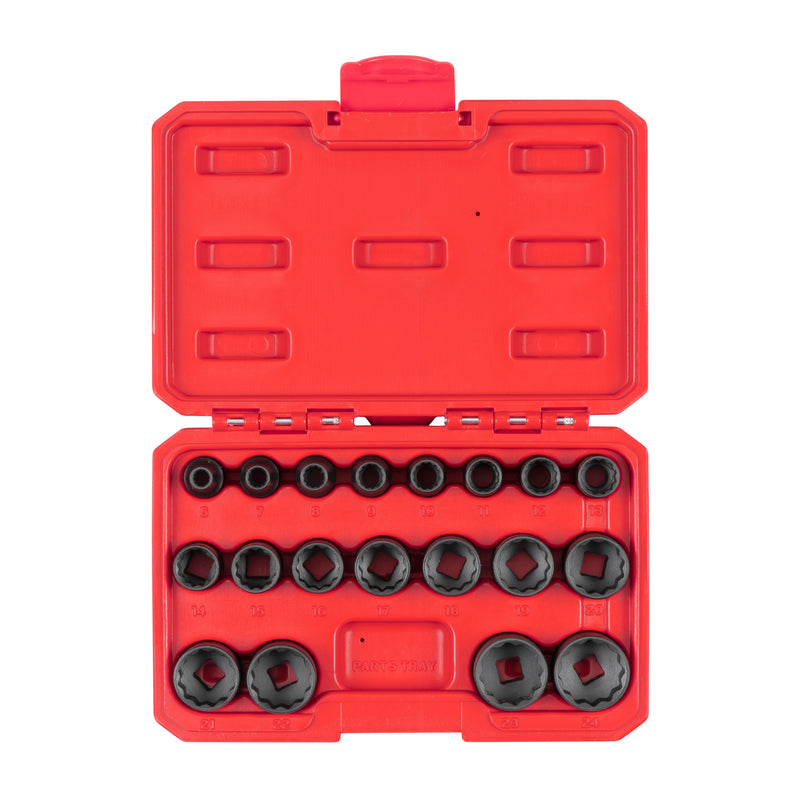 3/8 Inch Drive Shallow 12-Point Impact Socket Set with Case, 19-Piece (6 - 24 mm)