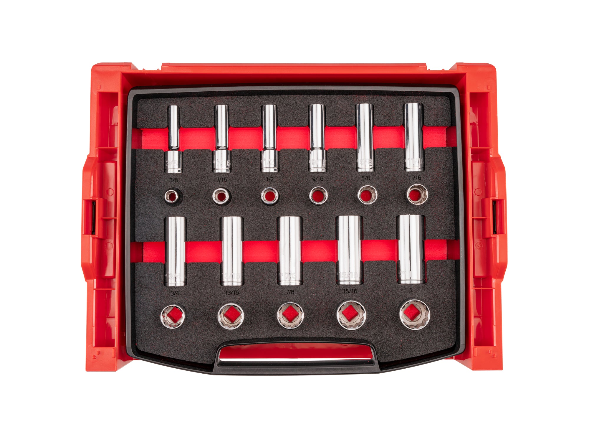 1/2 Inch Drive Shallow and Deep 12-Point Socket Set with Open Top Drawer and Rack, 22-Piece (3/8 - 1 in.)