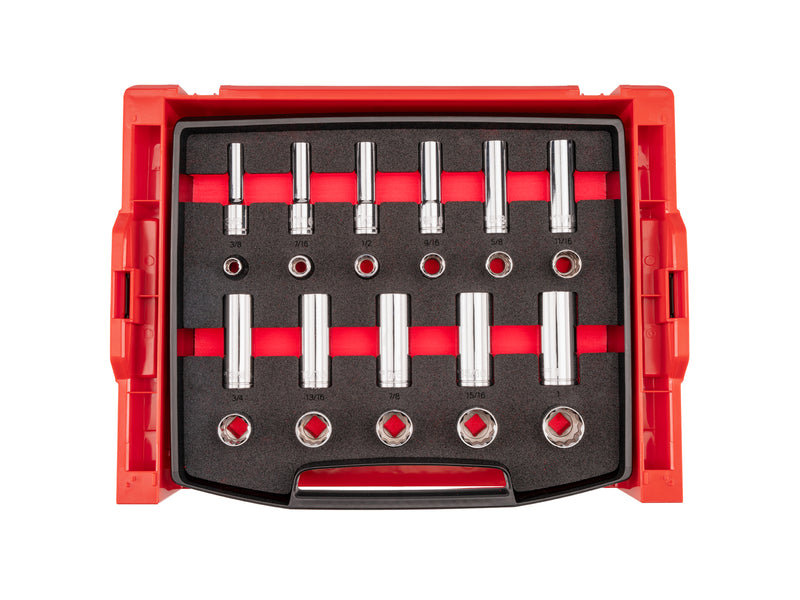 1/2 Inch Drive Shallow and Deep 12-Point Socket Set with Open Top Drawer and Rack, 22-Piece (3/8 - 1 in.)