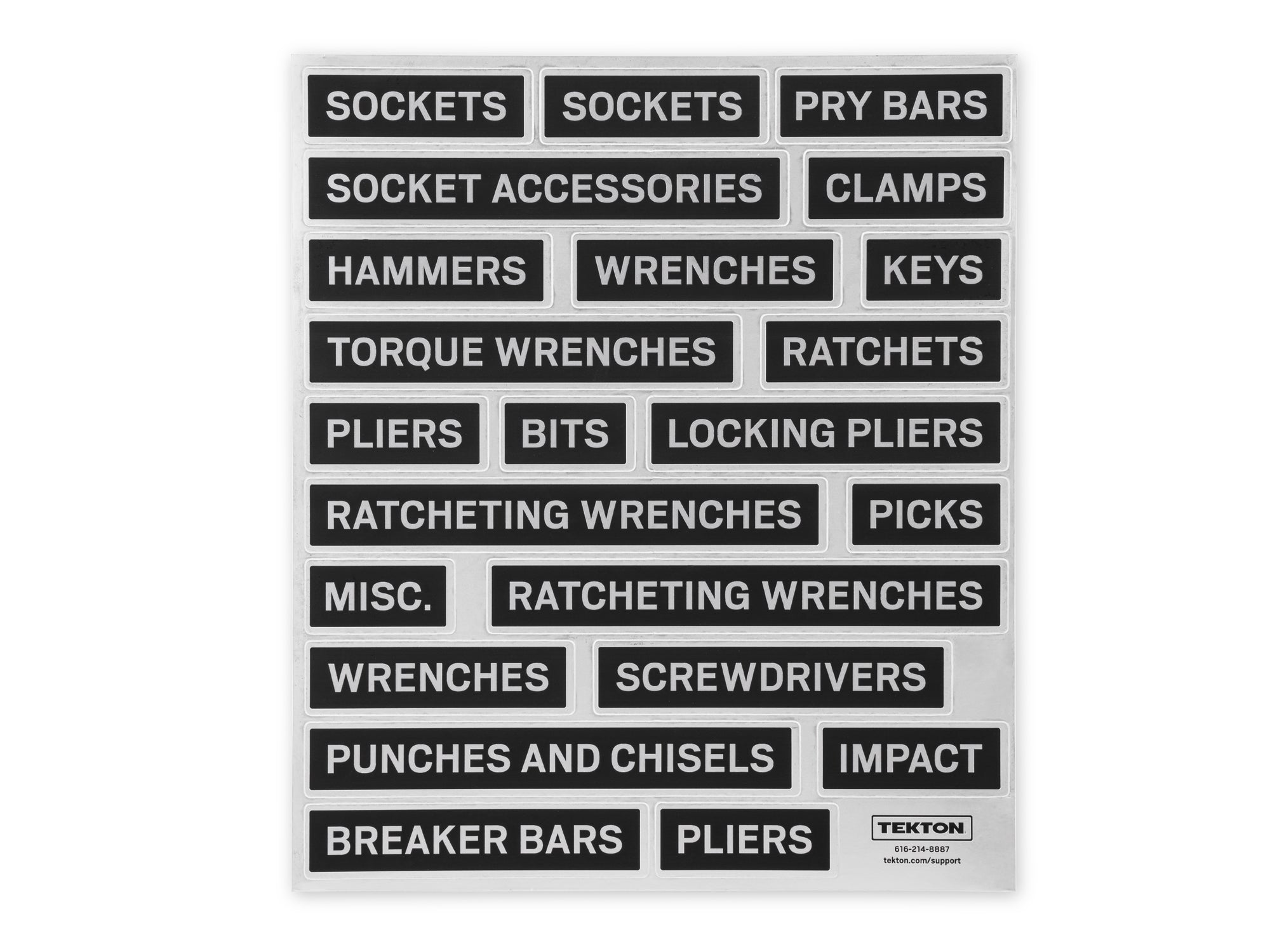 Tool Cabinet Drawer Label Sheet, Core Hand Tool Categories, Matte Black (8.4 x 9.6 in.)