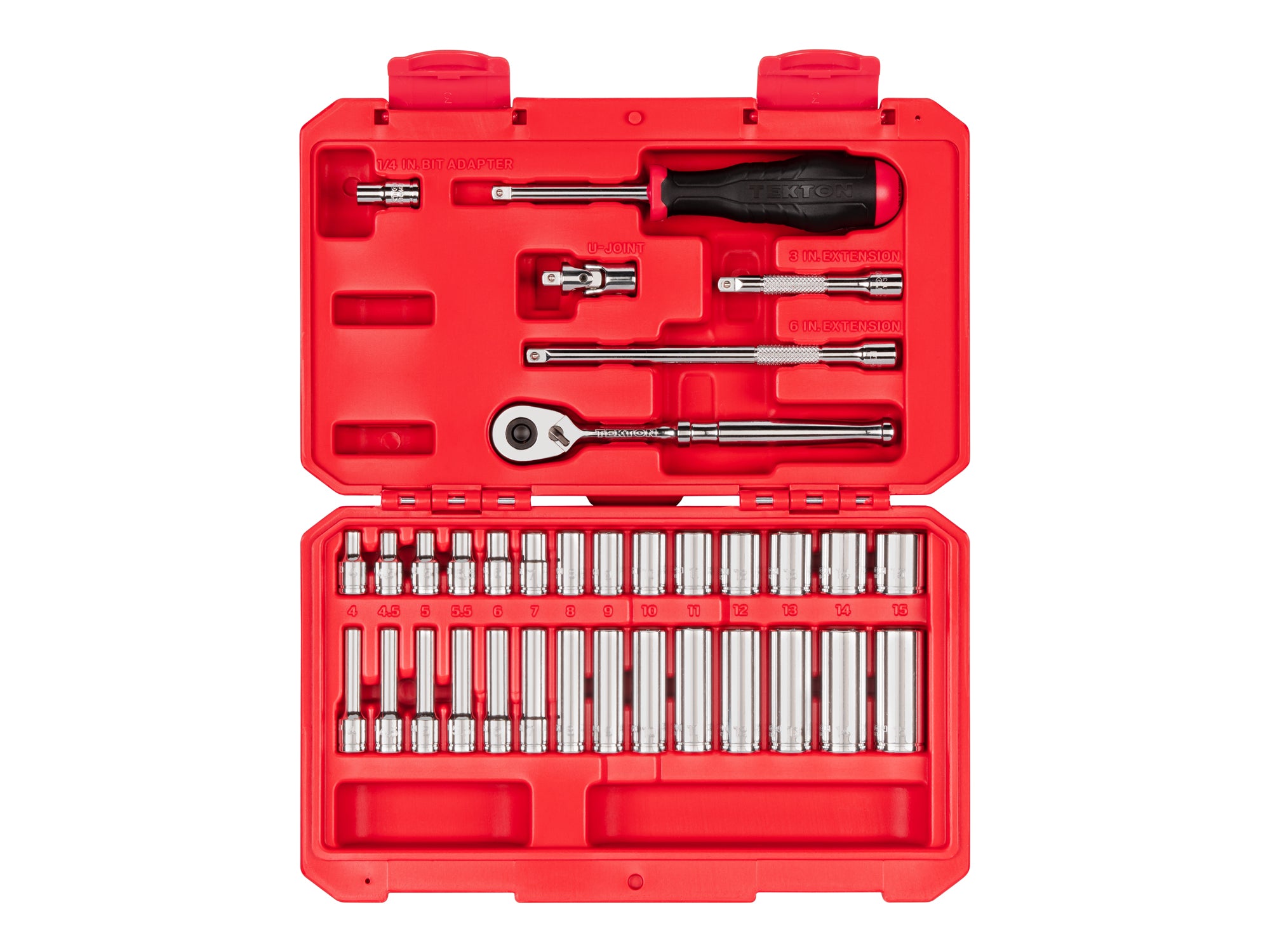 1/4 Inch Drive Shallow and Deep 6-Point Socket and Ratchet Set with Case, 34-Piece (4 - 15 mm)