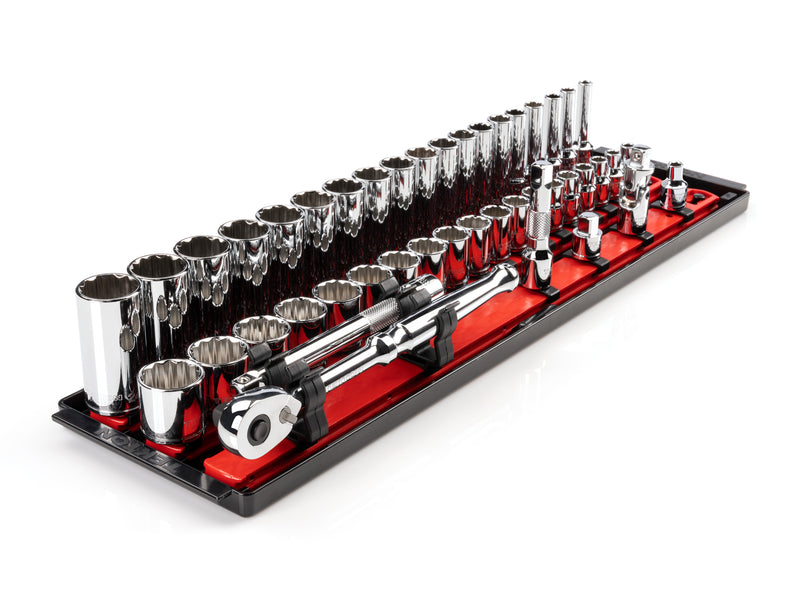 3/8 Inch Drive Shallow and Deep 12-Point Socket and Ratchet Set with Rails and Tray, 44-Piece (6 - 24 mm)
