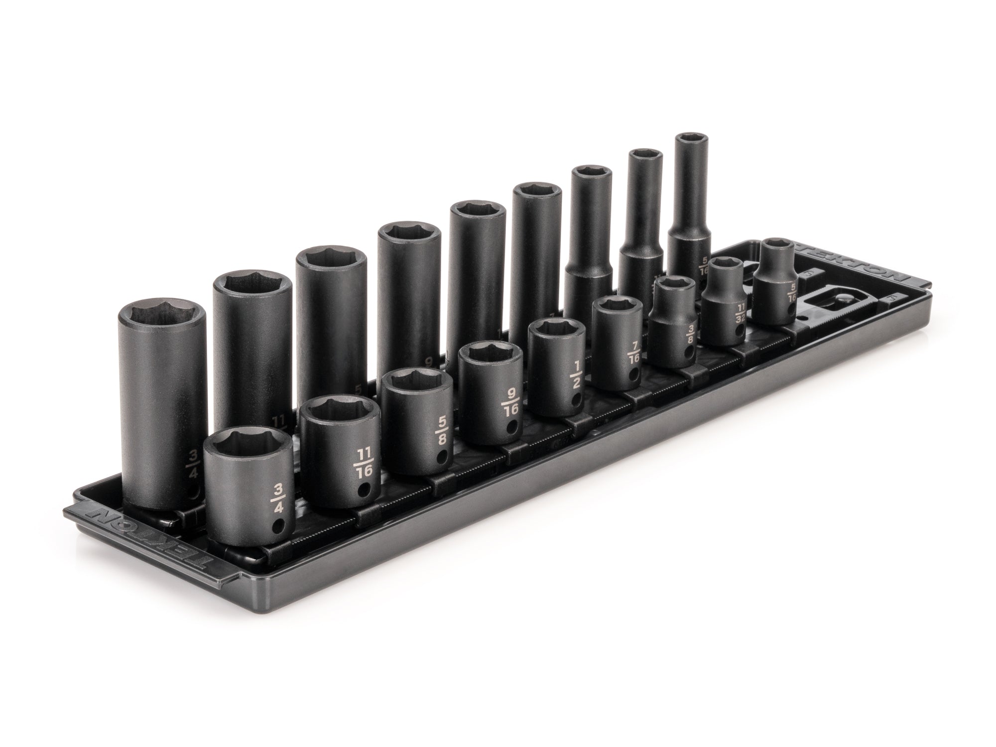 3/8 Inch Drive Shallow and Deep 6-Point Impact Socket Set with Rails and Tray, 18-Piece (5/16 - 3/4 in.)