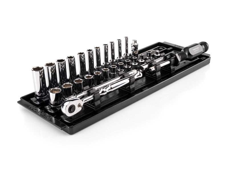 1/4 Inch Drive Shallow and Deep 6-Point Socket and Ratchet Set with Rails and Tray, 29-Piece (5/32 - 9/16 in.)
