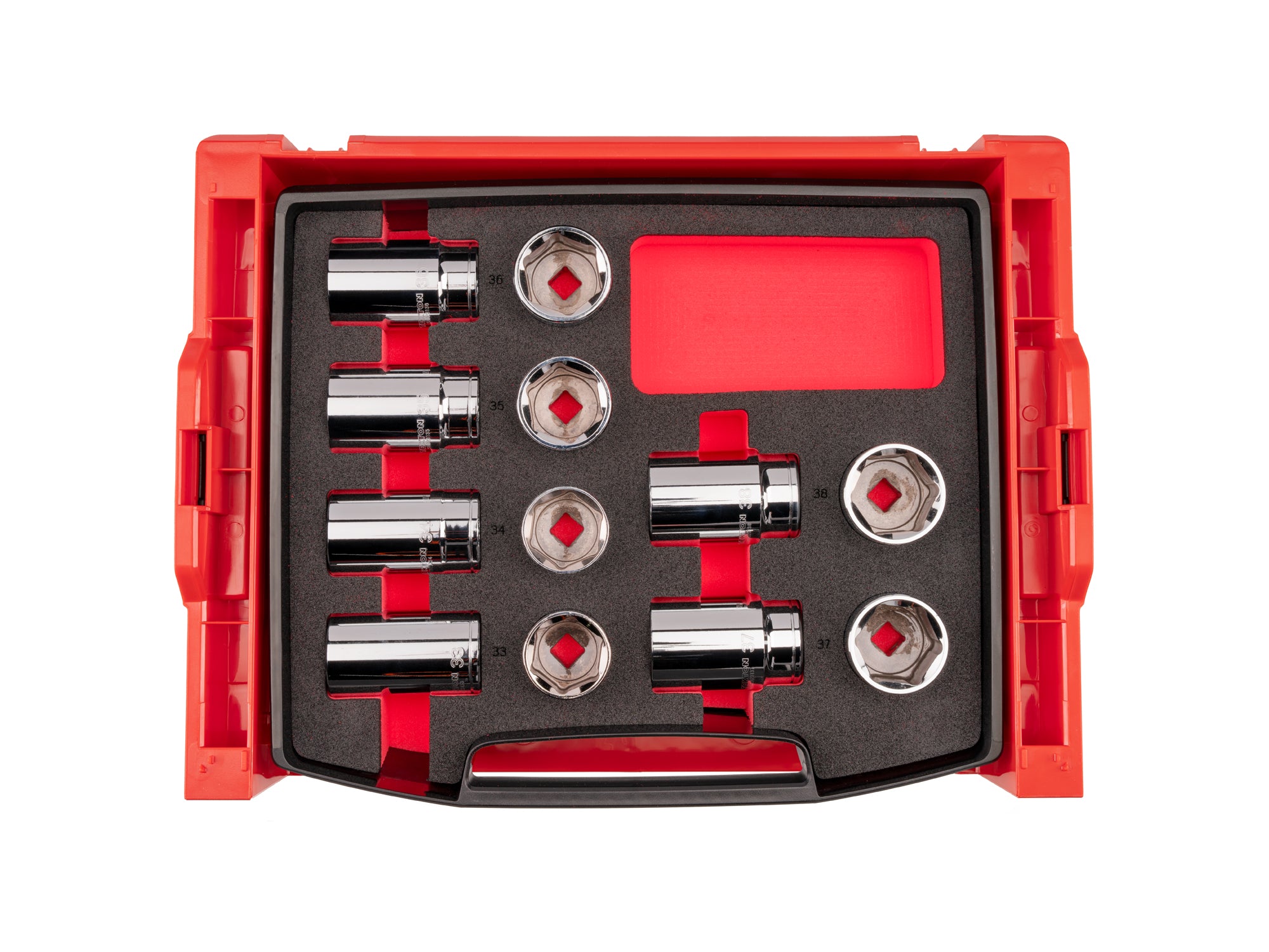 1/2 Inch Drive Shallow and Deep 6-Point Socket Set with Open Top Drawer and Rack, 12-Piece (33 - 38 mm)